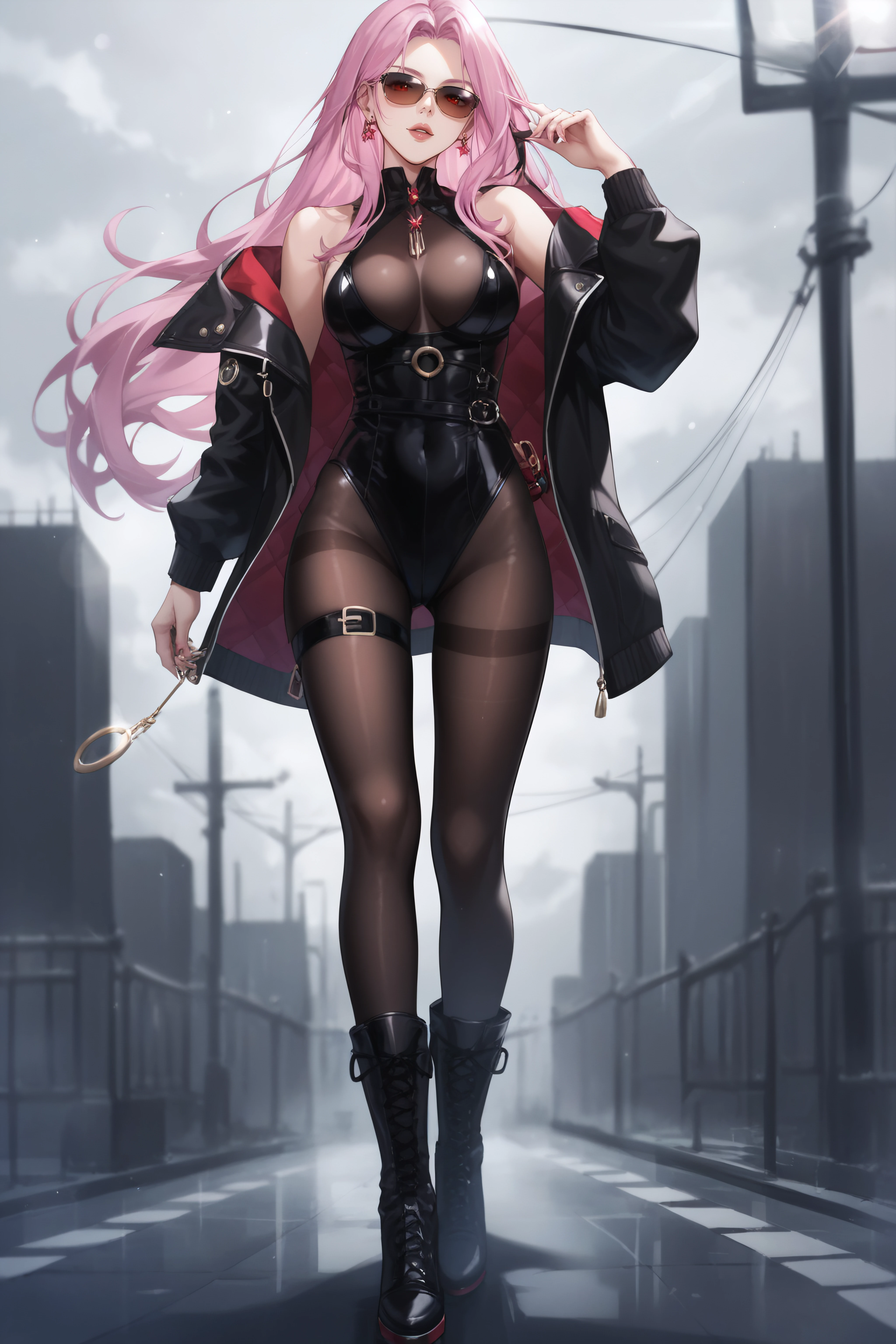 score_9, score_8_up, score_7_up, BREAK source_anime,  <lora:Spectre-PonyXL-lora-Faxtron:0.8> spectre, red eyes, pink hair, long hair, sunglasses, jacket, black leotard, black pantyhose, black boots, standing,