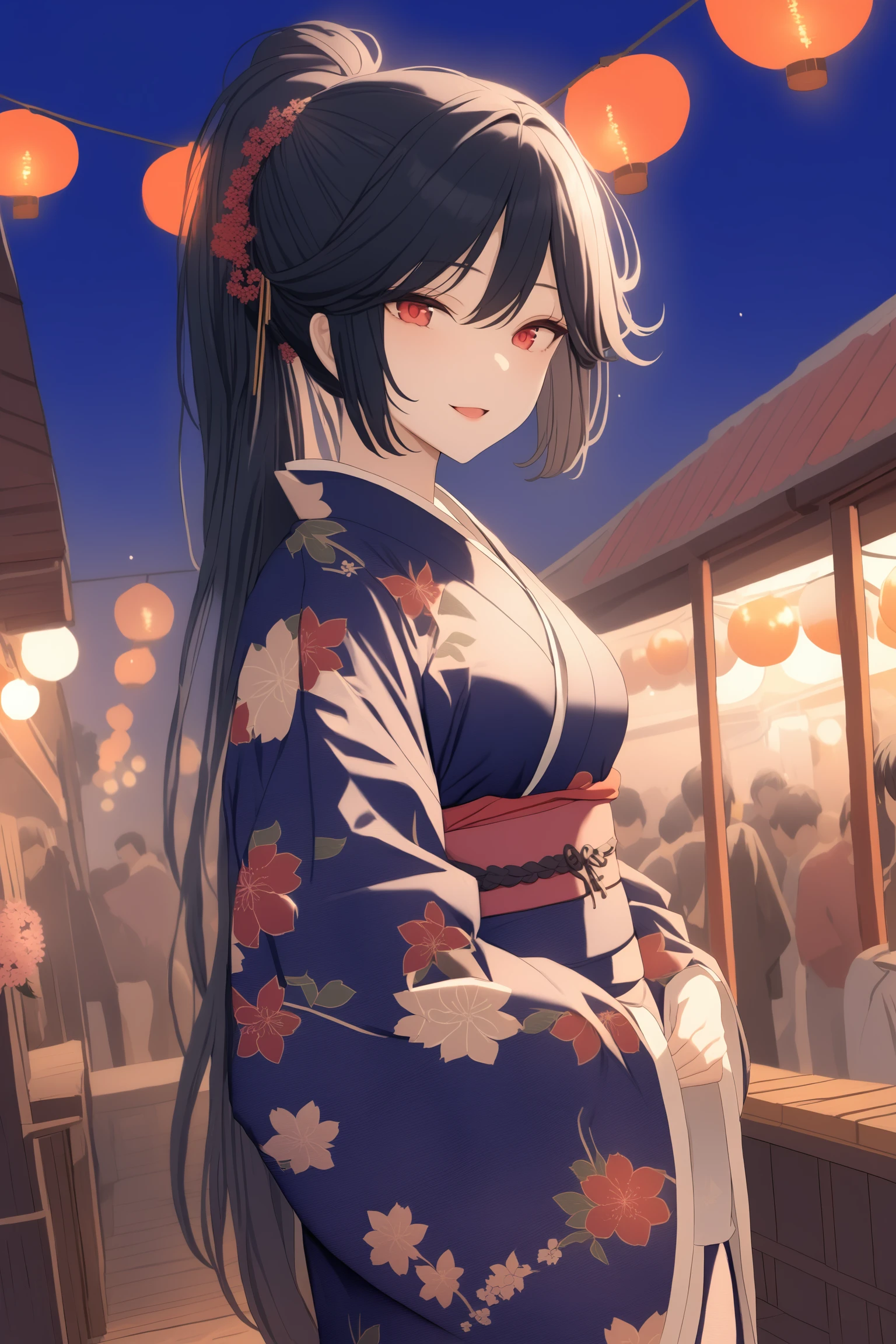 (masterpiece, best quality, very aesthetic, ultra detailed), intricate details, kunishiromiyabi, solo, outdoors, night, summer festival, black hair, ponytail, very long hair, red eyes, medium breasts, blue kimono, floral print, japanese clothes, smile, open mouth, :d, pink lips, <lora:Kunishiro-Miyabi:0.7>