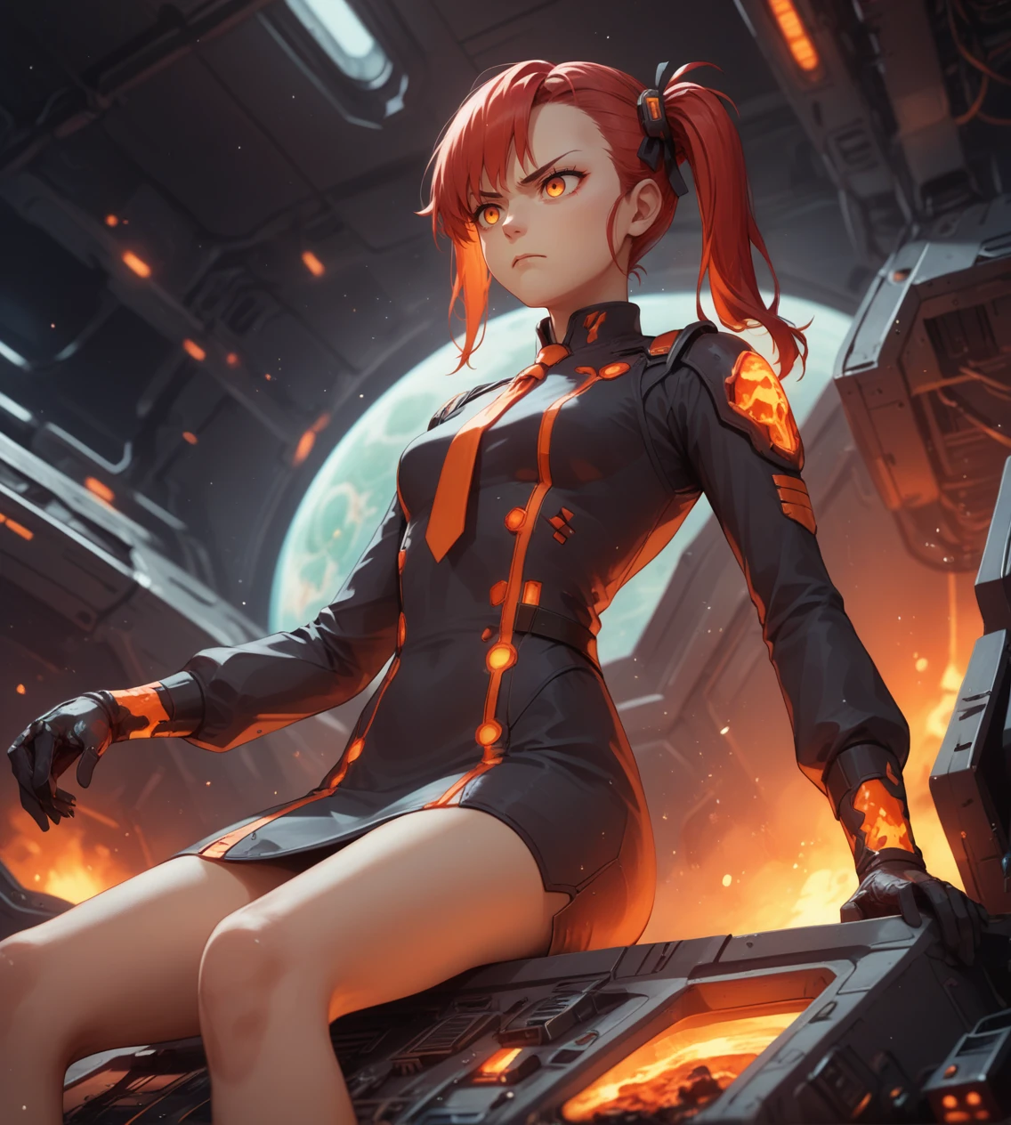 score_9,score_8_up,score_7_up,score_6_up,source anime,1girl,solo,cockpit,spaceship,space,science fiction,dark background,piloting,cyberpunk,serious,(spacesuit:0.4),(military uniform:0.5),long sleeves,gloves,dress,sitting,side ponytail,red hair,amber eyes,hair ribbon,tie,straight-on,from below,particles,
magma, lava, glowing, molten rock,
<lora:magma_12_lbw_2:1.3>
