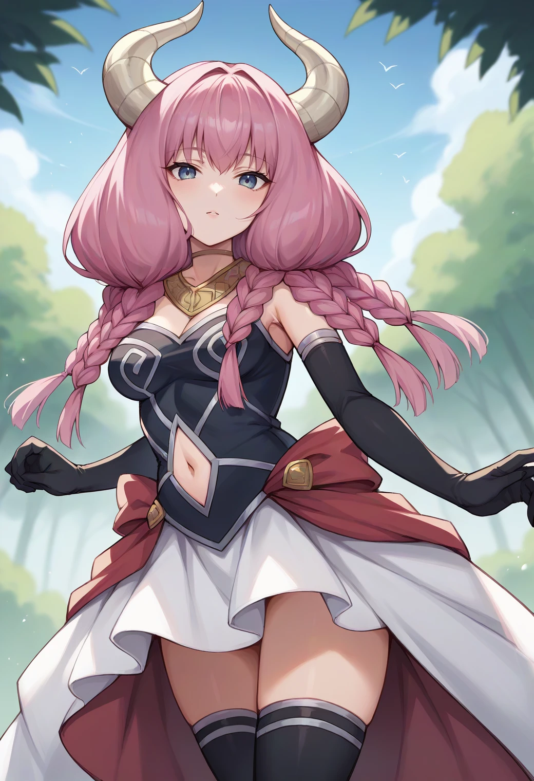 score_9,score_8_up,score_7_up,score_6_up,score_5_up,score_4_up, BREAK
1girl, aura \(sousou no frieren\), pink hair, horns, dress, white skirt, clothing cutout, navel cutout, braid, quad braids, black elbow gloves, black thighhighs, medium breasts,
cowboy shot, outdoors, standing, looking at viewer, straight-on,
<lora:auraponyxl:1>