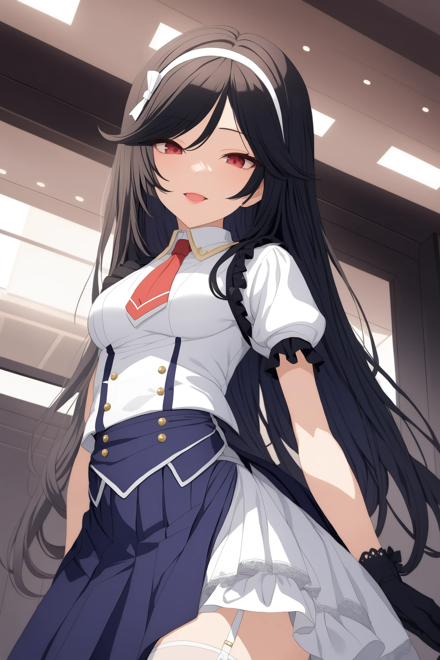 (masterpiece, best quality, very aesthetic, ultra detailed), intricate details, kunishiromiyabi, solo, indoors, idol, stage, black hair, white hairband, very long hair, red eyes, medium breasts, white dress, vest, puffy short sleeves, black gloves, blue skirt, pleated skirt, garter straps, idol clothes, smile, open mouth, :d, pink lips, pink lips, <lora:Kunishiro-Miyabi:0.7>