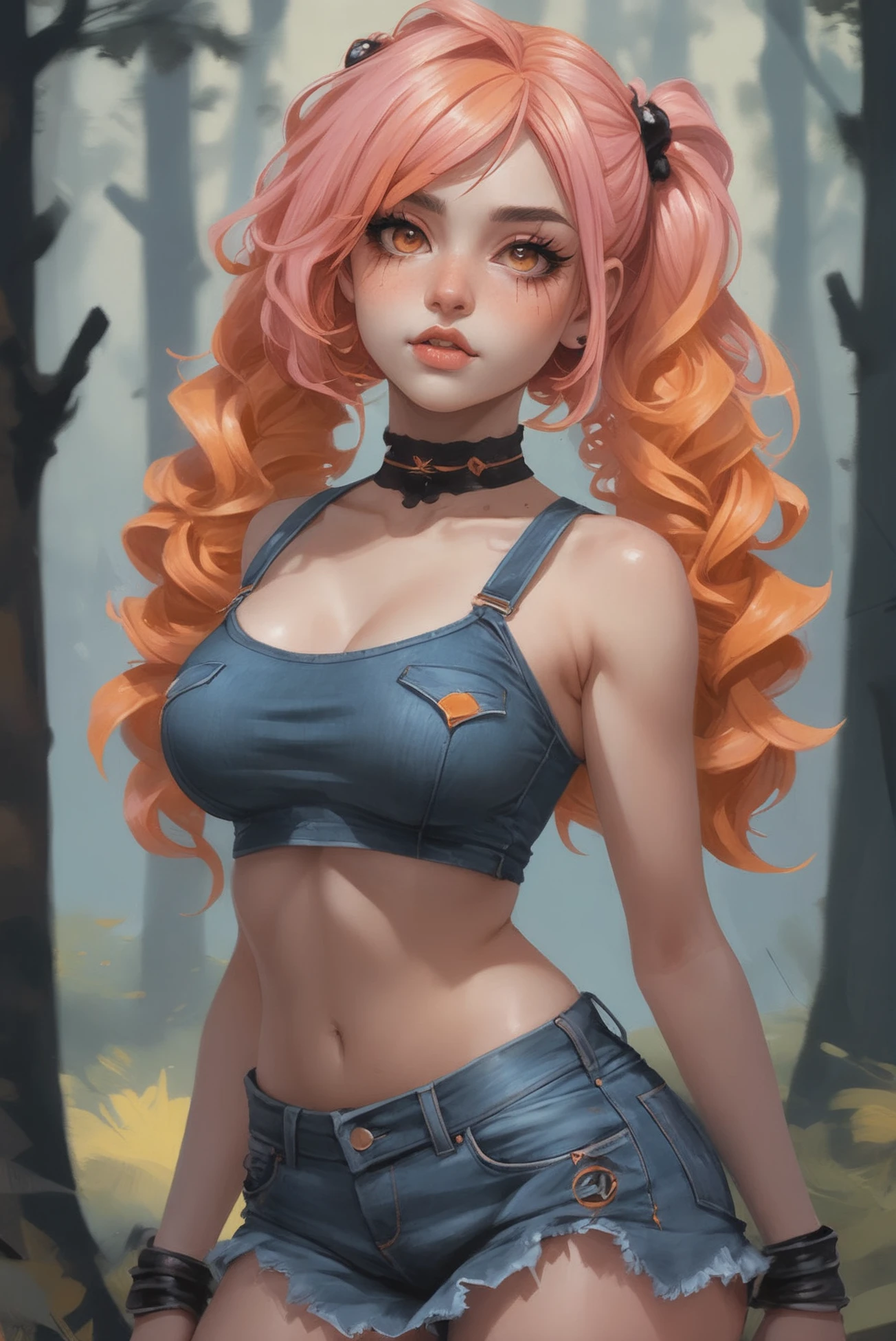 digital painting, 1girl, woman, goth girl, cute, cameltoe, [:skimpy, intricate costume design,:0.2], punk hair, peach hair with orange highlights, Cascading Curls, denim skirt, bombshell hair, pink hair, side ponytail, soft body, wide hips, narrow waist, medium breasts, (dark skin:1.3), Boreal Forest (Taiga)<lora:EnvyStarlightVibrantImpressionism01a:1>
