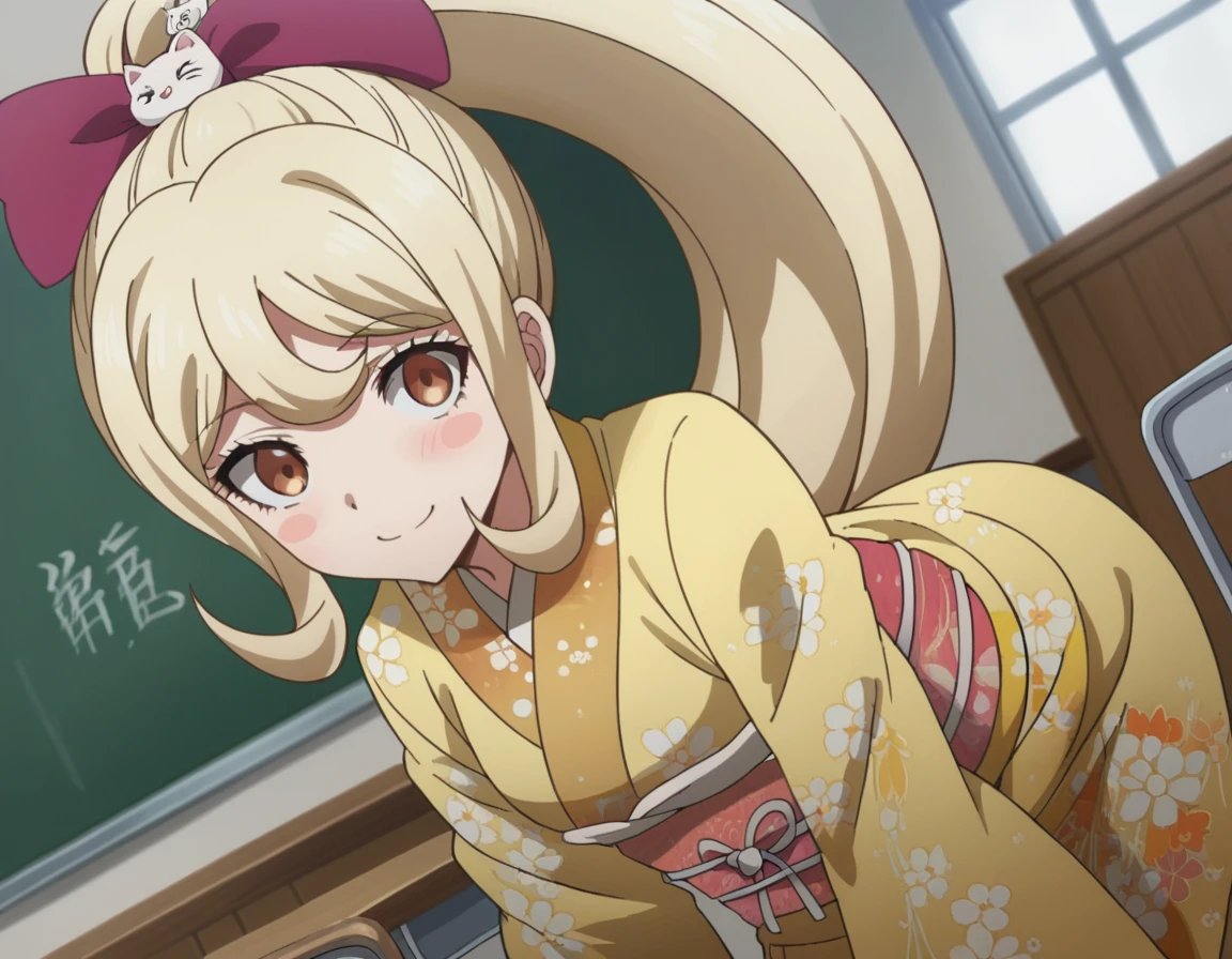 score_9, score_8_up, score_7_up, source_anime,
hiyokosaionji, <lora:hiyoko-saionji-s2-ponyxl-lora-nochekaiser:1>,
hiyoko saionji, long hair, bangs, blonde hair, brown eyes,
hair ornament, long sleeves, bow, ponytail, hair bow, japanese clothes, kimono, sash, blush stickers, obi, floral print, cat hair ornament,
indoors, classroom, smile, bent over,
looking at viewer, dutch angle, cowboy shot,