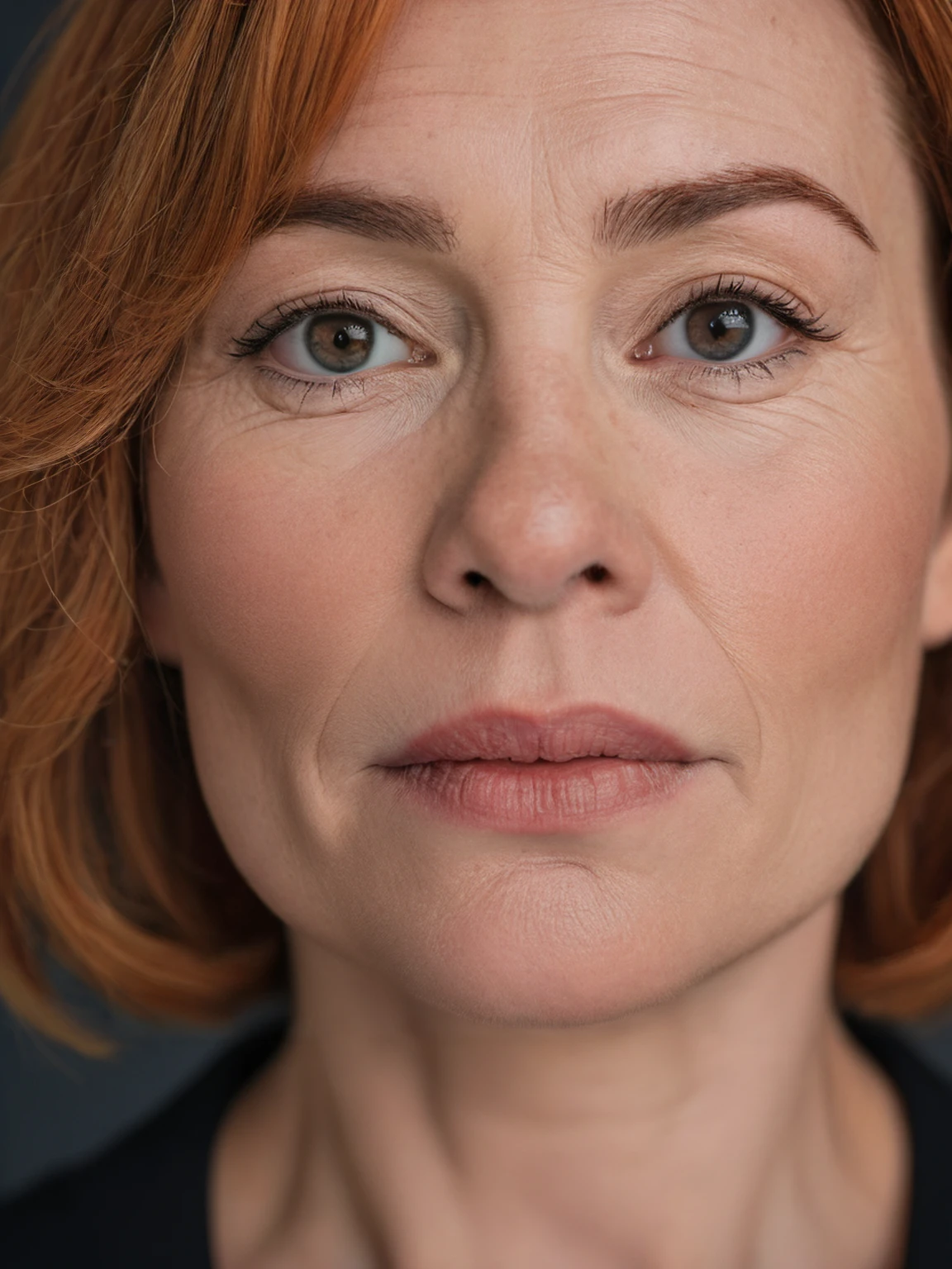 (indistinguishable from reality:1.4), 1girl, A 42 y.o Québécoise MILF, (detailed facial features), bob hair, (freckles:0.05), Mylène Farmer, fun, happiness, joy, dark theme, soothing tones, Canon EOS 5D Mark IV