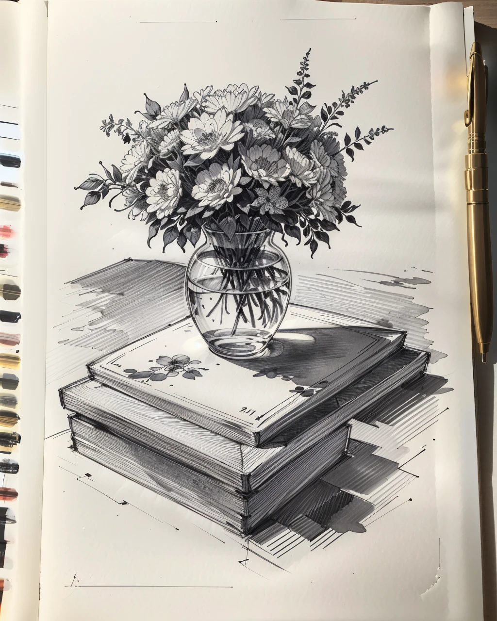 best quality,masterpiece, 
flowes still life, table, 
 <lora:neg9V2_last:0.5>   traditional media,  <lora:lamy-fountain:1> lamy-fountain, monochrome, sketch