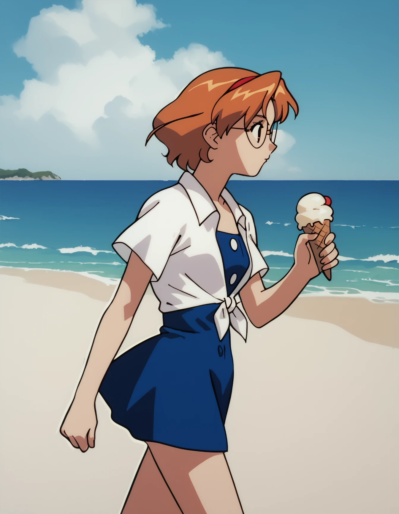 score_9,  score_8_up, score_7_up
<lora:rion-aida-ponyxl:1> a10n, round eyewear, white shirt, short sleeves, short dress, blue dress, (tied shirt:1.1),
1girl, solo, walking, from side, ice cream, beach