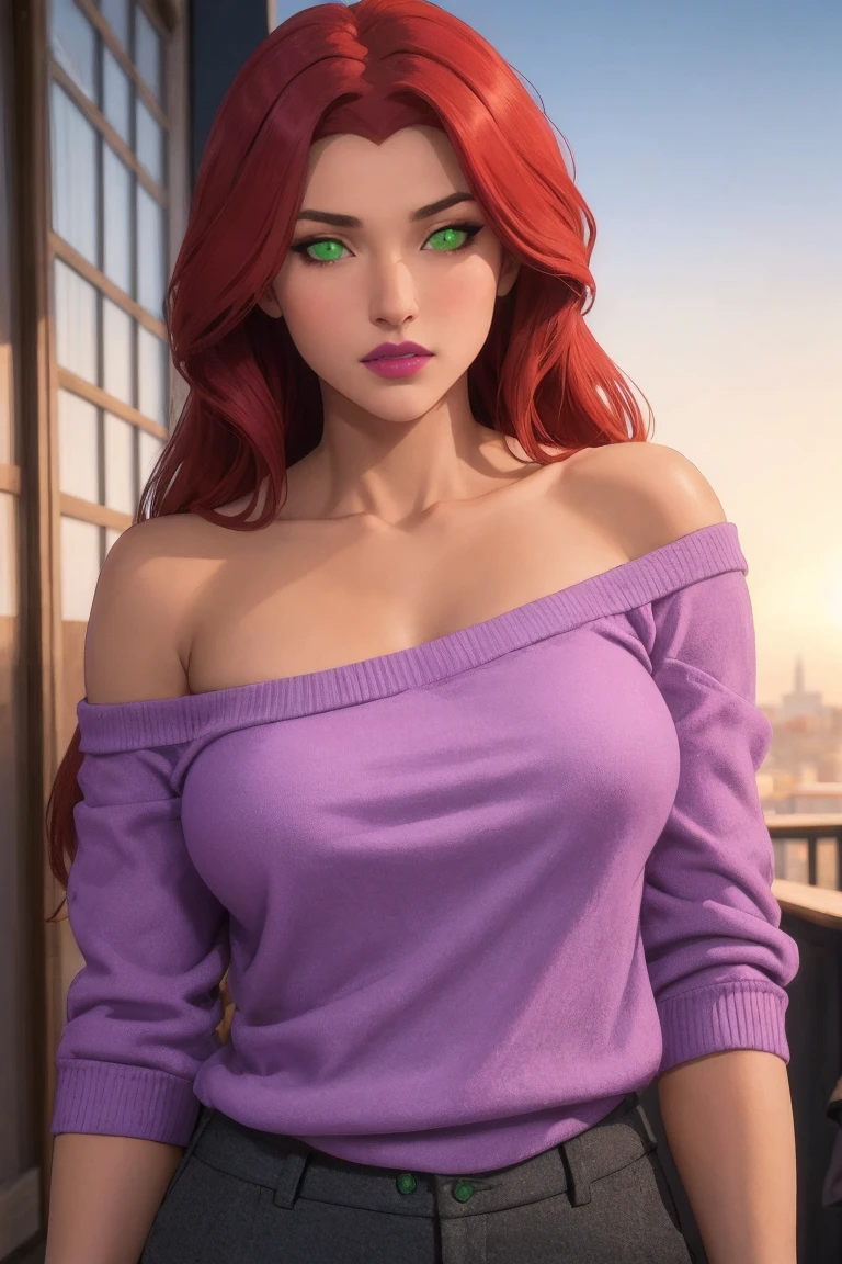 masterpiece, best quality, high quality, highres, upper body, looking at viewer, twilight, sunset,
TN_StarfireAdult_dress, www.ownwaifu.com,
1girl, no pupils, orange skin, toned, long hair, red hair, green eyes, breasts, lipstick, makeup, green sclera, lips, armlet, colored sclera, large breasts, glowing eyes, colored skin, eyeshadow, muscular, purple lips, muscular female, very long hair, collarbone,
off shoulder, pants, sweater, bare shoulders, off-shoulder sweater, casual,
<lora:CARTOON_DC_TN_StarfireAdult_ownwaifu-15:0.7>
