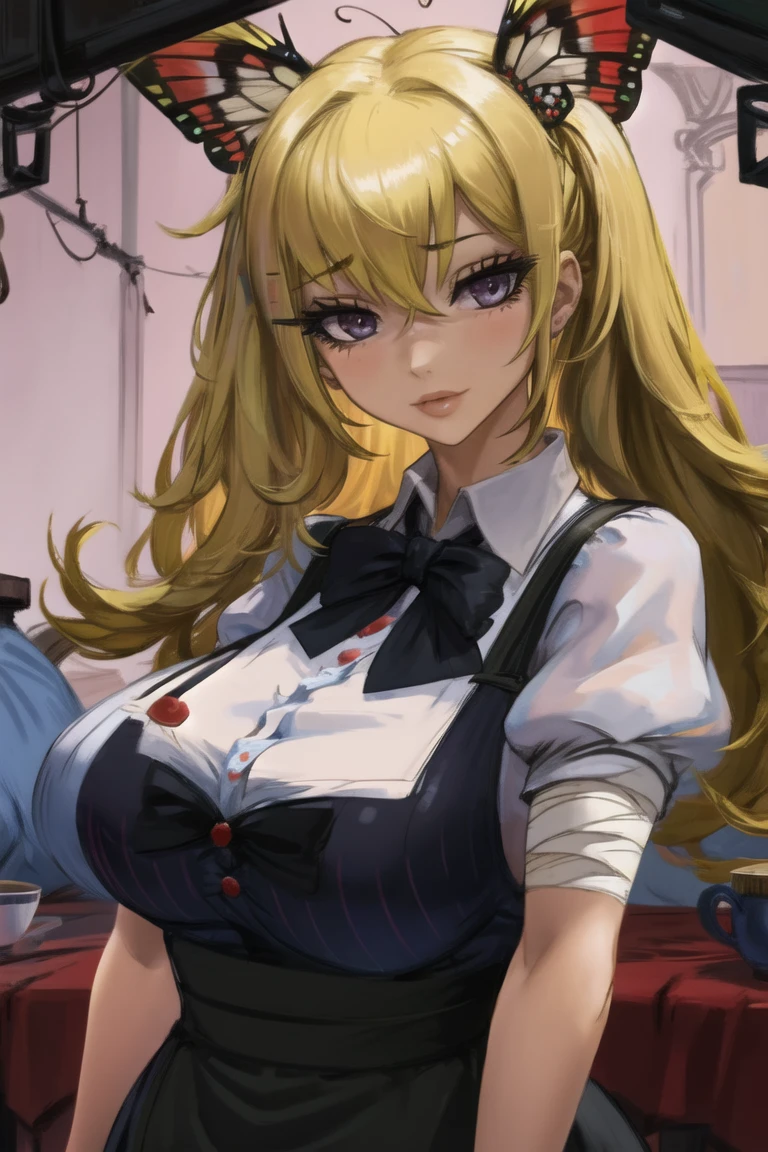 (masterpiece),best quality,portrait,upper_body,1girl,solo,blonde hair,long hair,dress,butterfly hair ornament,bandages,bowtie,striped bow,hair between eyes,puffy sleeves,apron,striped,short sleeves,pantyhose,bandaged arm,alice \(alice in wonderland\),