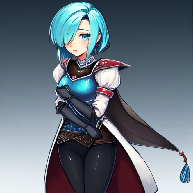 cowboy shot, solo, <lora:leenGrandia:0.8>, leen_grandia, short hair, jewelry, gloves, blue eyes, earrings, cape, hair over one eye, armor, aqua hair, black gloves, bodysuit, armor, pauldrons, puffy sleeves, simple background, standing, looking at viewer, highres, Digital art, trending on artstation, best quality, insanely detailed, masterpiece, stunning environment, wide-angle,