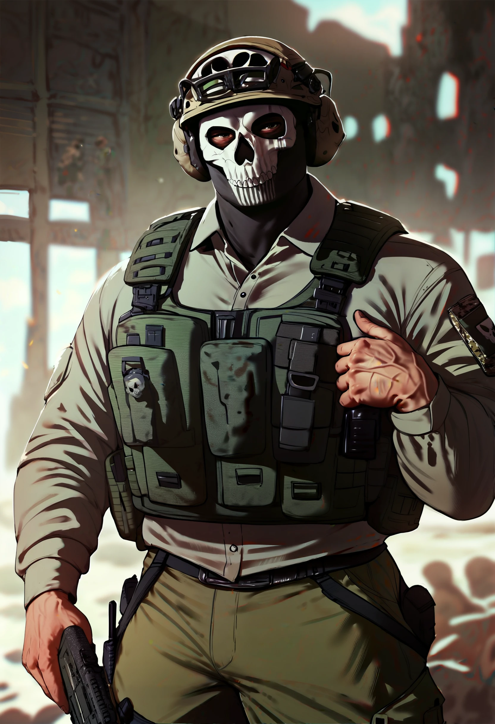 score_9, score_8_up, score_7_up, score_6_up, score_5_up, score_4_up, 1boy, male focus, simon_riley, skull_mask, muscular, veins, military uniform, tactical gear, gun, load bearing vest, helmet, <lora:PonyV6/ghost-simon-riley-10:0.9>