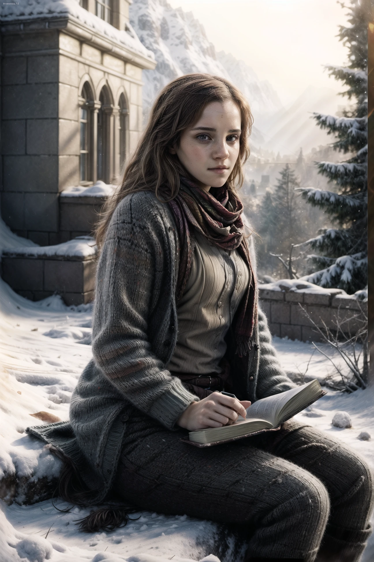 Hermione_Granger, a woman wearing a sweater coat and a scarf, sitting on a rock reading a book in the snow, with a tree in the background and a blanket on her legs, cozy time, chill, in the style of Ben Boshau, Michael Garmash, Daniel F. Gerhartz, Clint Shirley, Carne Griffiths, Jean Baptiste Monge, shallow depth of field, ultra-high image quality, best result in the field of view, best result in areas of a very beautiful face, divine presence, cinematic quality, clear focus, studio photography, masterpiece, detailed, hdr, epic background, line art, digital illustration, comic style, dynamic, highly detailed, artstation, concept art, smooth, sharp focus, illustration, Thomas Moran style, art by Carne Griffiths and Wadim Kashin, detailed background, 60-30-10 color rule, warm tones, godrays, unreal engine, greg rutkowski, loish, rhads, beeple, makoto shinkai and lois van baarle, ilya kuvshinov, rossdraws, tom bagshaw, alphonse mucha, global illumination, detailed and intricate environment <lora:Hermione Granger:0.7> <lora:more_details:1> <lyco:GoodHands-beta2:1.0>