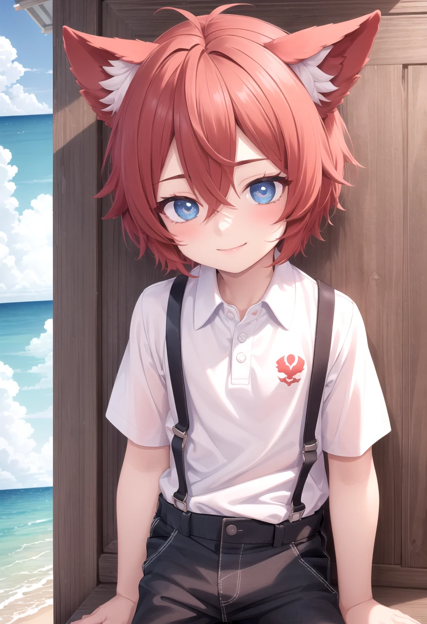 <lora:Aki SD15_epoch_17:0.6>, (1boy:1.3), solo, beach, smile, ( crimson animal ears:1.4), male face, male body, more details in eyes, (very short hair:1.2), hair between eyes, cute, adorable boy, cute face, detailed face, handsome, young, juvenile, white skin, eyeshadow, crew cut, crimson hair, details sky, looking at viewer, blush, blue eyes, full shot, red suspenders, (pants), (white polo shirt), aki,petite, (male focus:1.3),(male:1.2), 
(masterpiece:1.2), best quality, high resolution, unity 8k wallpaper, (illustration:0.8), (beautiful detailed eyes:1.6), extremely detailed face, perfect lighting, extremely detailed CG, (perfect anatomy),