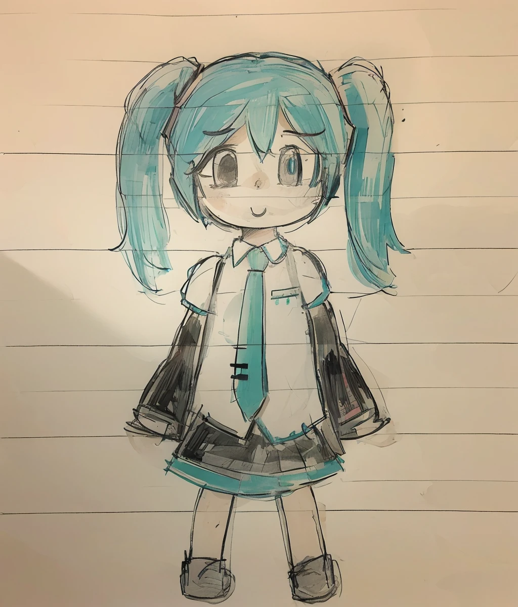 1girl,solo, drawing,stick figure,paper texture,exercise book,cartoonized,graffiti,<lora:Style_Graffiti_v1:0.8>,<lora:Role_ainoku_HatsuneMiku_v0.1:0.3>,Hatsune Miku,twintails,