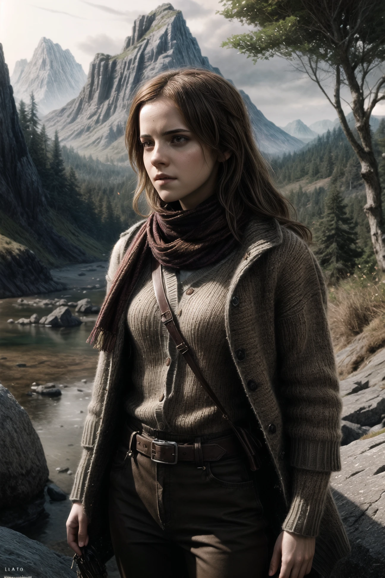 Hermione_Granger, (a woman wearing a sweater coat and a scarf:1.2), standing on a cliffs made of rock, full body, with a giant tent in the background, in a forest, cozy time, chill, shallow depth of field, ultra-high image quality, best result in the field of view, best result in areas of a very beautiful face, divine presence, cinematic quality, clear focus, studio photography, masterpiece, detailed, hdr, epic background, line art, digital illustration, comic style, dynamic, highly detailed, artstation, concept art, smooth, sharp focus, illustration, Thomas Moran style, art by Carne Griffiths and Wadim Kashin, detailed background, 60-30-10 color rule, warm tones, godrays, unreal engine, greg rutkowski, loish, rhads, beeple, makoto shinkai and lois van baarle, ilya kuvshinov, rossdraws, tom bagshaw, alphonse mucha, global illumination, detailed and intricate environment <lora:Hermione Granger:0.5> <lora:more_details:1> <lyco:GoodHands-beta2:1.0>