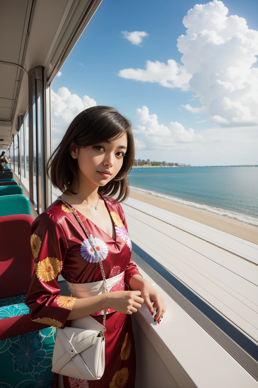 1girl, (stylized by Arthur Tress:1.0) and (Lucio Fontana:1.2) and (Kunio Okawara:1.2) , surrealism art, grand, elegant, (Azure theme:0.7) , Long exposure of a Drab Exotic White and Forest Green New Wave ([Purse|Train]:1.3) , it is made from Nickel, it is in a Videogame setting, spring background, desolate beach and Heliosheath in background, at Dusk, tilt shift, Graphic novel, Awe, Magewave, Indirect light, F/1.8, Colorful, Maroon splash, Batik, Concept Art World, beautiful