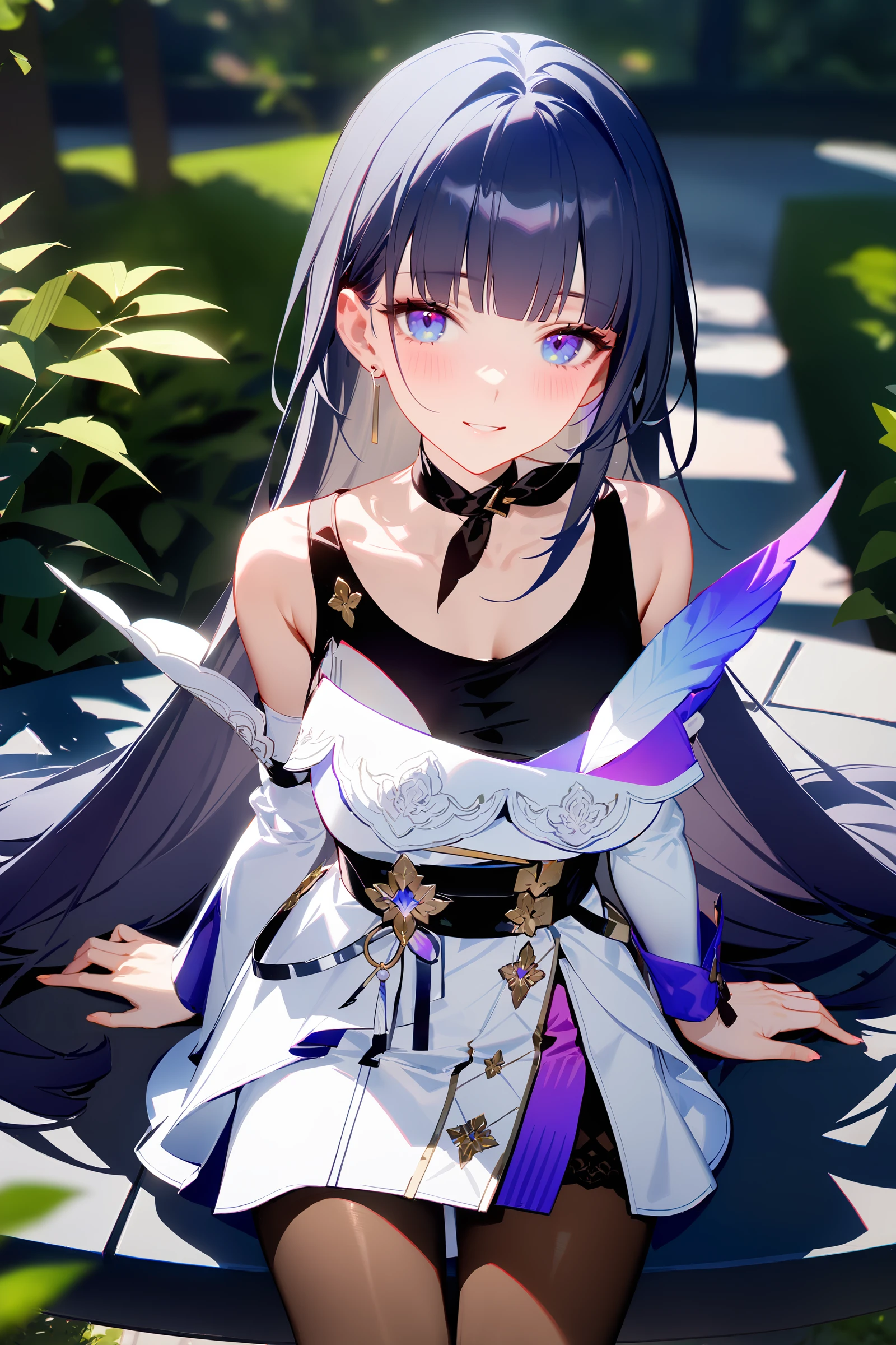 masterpiece, best quality, very aesthetic, ray tracing, newest,(hitenkei, askzy:0.5), 1girl, raiden mei, solo, pantyhose, single glove, layered dress, ribbon choker, tank top, detached sleeves, cowboy shot, sitting, looking at viewer, smiling, garden, outdoors, depth of field  <lora:Char-Honkai-Raiden_Mei-XL-V1:0.9>