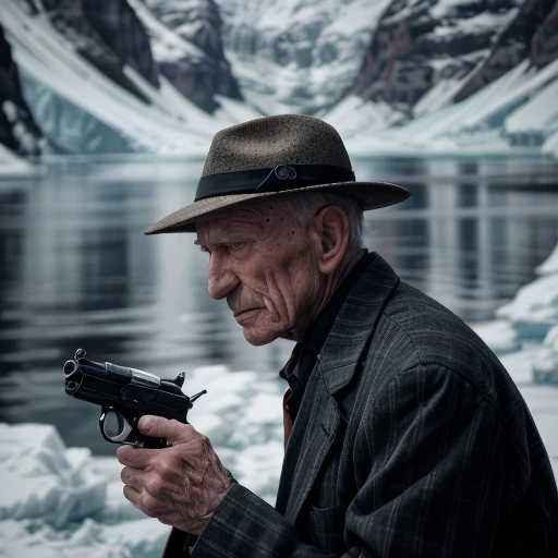 agent-sonny running across the antarctic,
jacket, suit, hat, holding gun, holding pistol,
ice, snow, mountains, 
(((profile)))