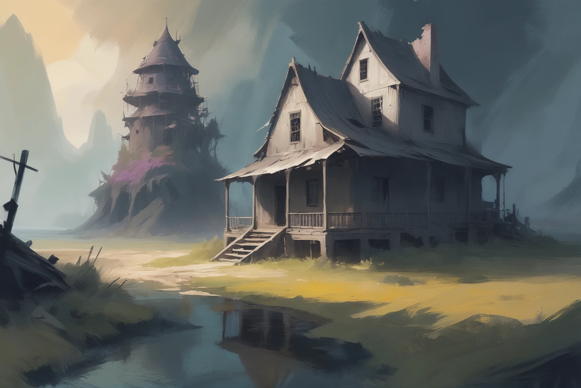 digital painting, impressionism, ghostly,ruined fantasy settlement beyond the beginning of reality<lora:EnvyStarlightVibrantImpressionism01a:1>