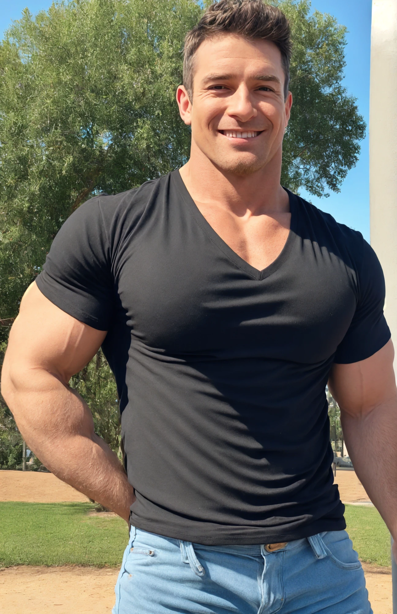Draw a full-fledged athlete,Stand on the central field of the gym,He wears jeans,The man looks confident and determined,rays of sunshine,cheerful big breasts,Handsome,Crew cut,full bodyesbian