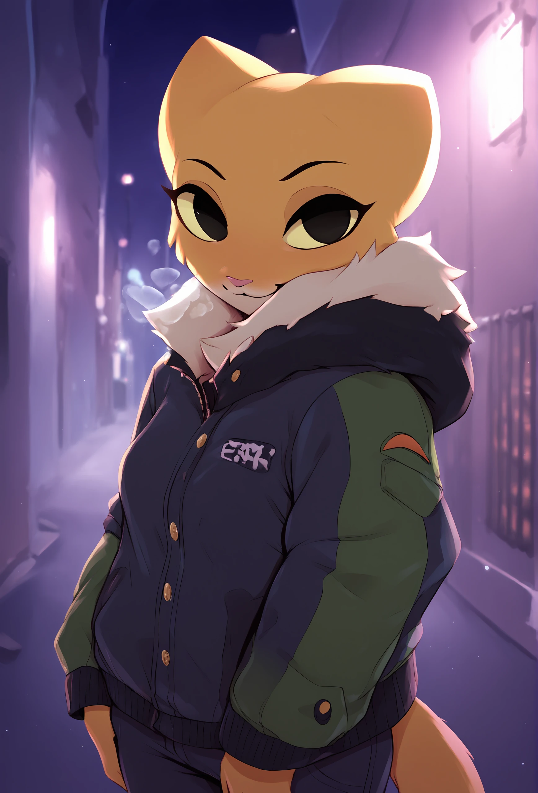 score_9, score_8_up, score_7_up, score_6_up, score_5_up, score_4_up, alley, bokeh, depth of field, night, city lights <lora:pudgeruffian_style_ponyXL_v1:1> pudgeruffianstyle BREAK
<lora:katia_managan_ponyXL_v1.2:1> 1girl, katia managan, furry, cat girl, black eyes, solid circle pupils, eye reflection, fur trim, jacket, light smile, breath