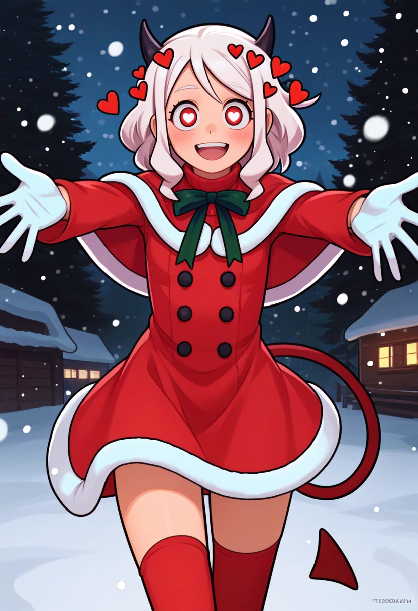 score_9, score_8_up, score_7_up, source_anime, solo, 1girl, htmodeus, happy, looking at viewer, outstretched arms, reaching towards viewer, black horns, demon horns, heart-shaped pupils, christmas, red capelet, red dress, fur-trimmed dress, long sleeves, white gloves, red thighhighs, demon tail, snowing, outdoors <lora:helltaker_modeus_ponyXL:1>