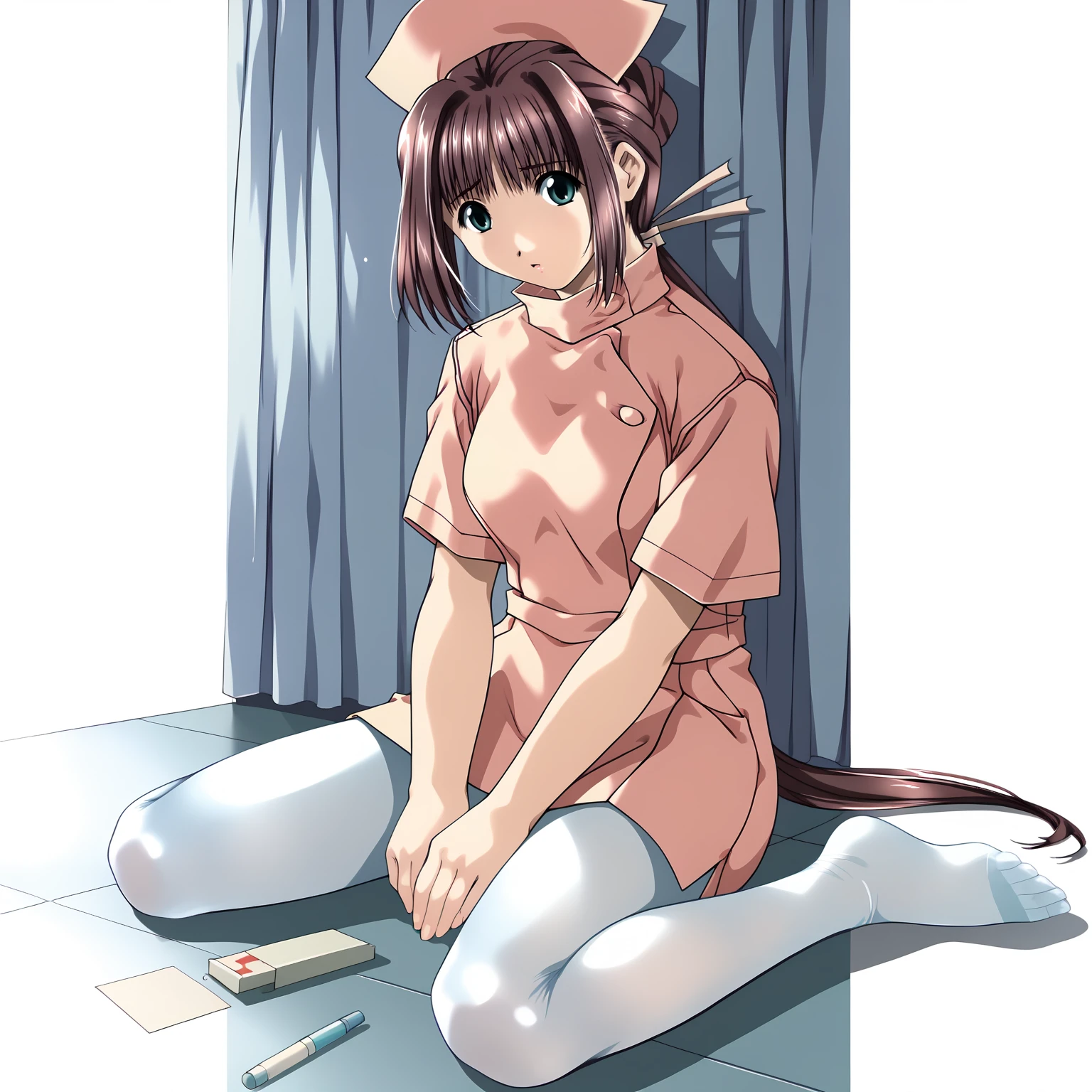 <lora:RenNanaseXLpony009>,
solo,
RenNanase,1girl,brown_hair,single_hair_bun,low_ponytail,long hair,aqua_eyes,
nurse_cap,nurse,
white pantyhose,
full body,sitting,