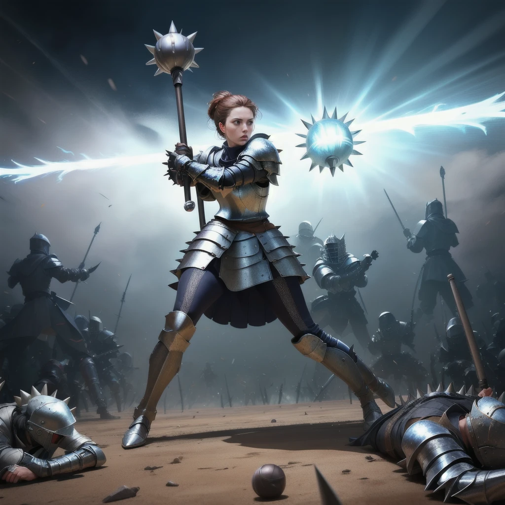 high quality, detailed, full body, metal plate armor, faulds, bladed mace  <lora:maceweap:1>, <lora:GoodHands-vanilla:0.8>, a woman cleric holding a spiked mace, in battle, in a battlefield, fighting