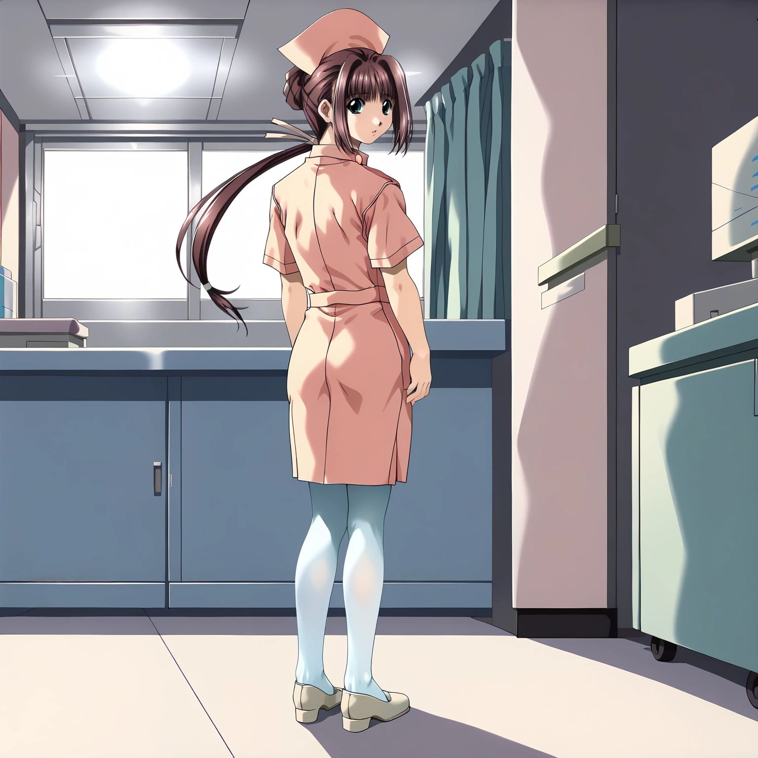 <lora:RenNanaseXLpony009>,
solo,
RenNanase,1girl,brown_hair,single_hair_bun,low_ponytail,long hair,aqua_eyes,
nurse_cap,nurse,
white pantyhose,
full body,standing,looking back,