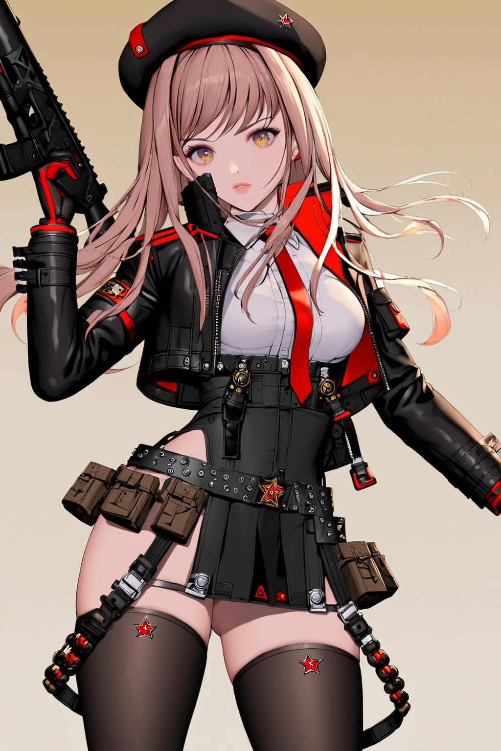 black jacket,weapon,black thighhighs,miniskirt,rapi,1girl,white shirt,gloves,beret,cropped jacket,holding,gun,<lora:rapi:1>,cowboy shot,looking at viewer,Mars Tourism Resort, Luxurious resort offering Martian landscape views and space-themed activities.,