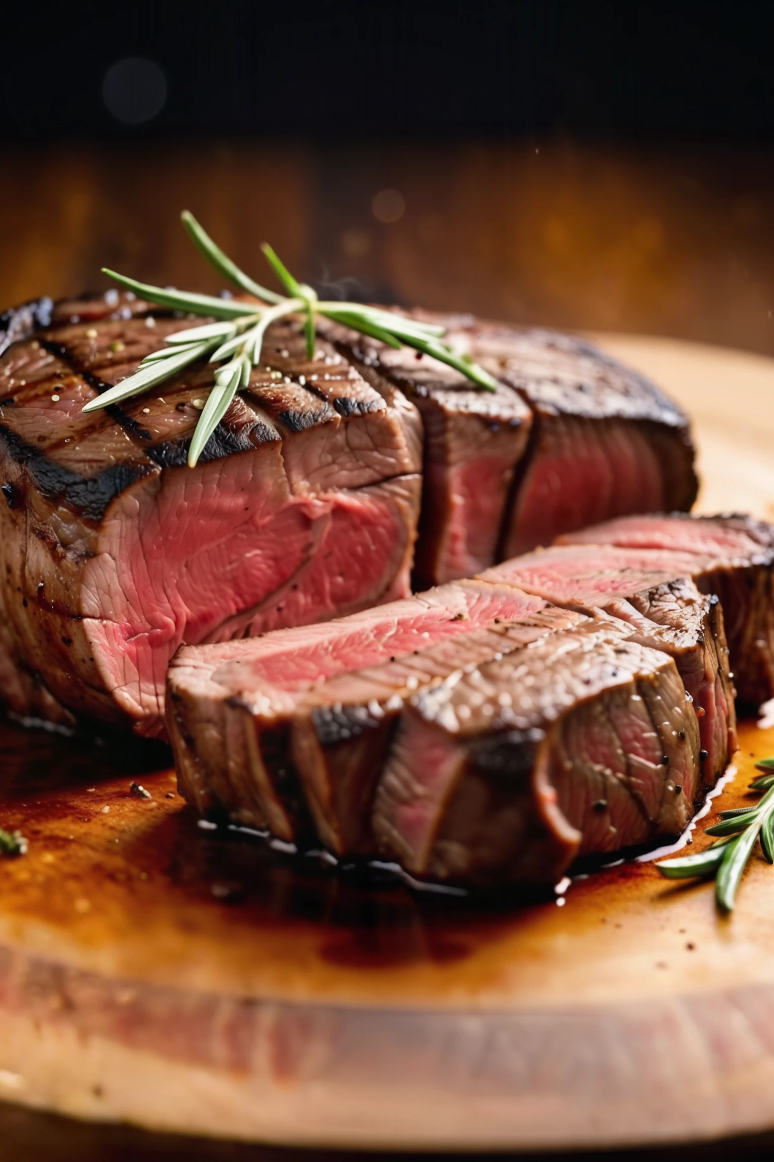 Cinematic, epic, action packed, Nice juicy medium-rare steak, magnificent, celestial, ethereal, background Cinematic Hollywood Film Style, shallow depth of field, vignette, highly detailed, high budget, bokeh, cinemascope, moody, epic, gorgeous, film grain, grainy