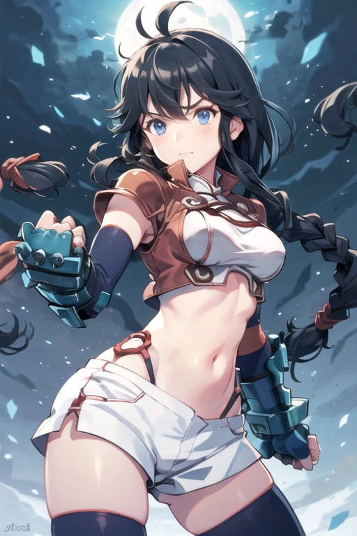 KanamiLogHorizon, 1girl, solo, very long hair, blue eyes, black hair, blue thighhighs, elbow gloves, navel, medium breasts,single braid, hairband, short shorts, midriff, fingerless gloves, highleg panties, gauntlets, white shorts, blue gloves, 