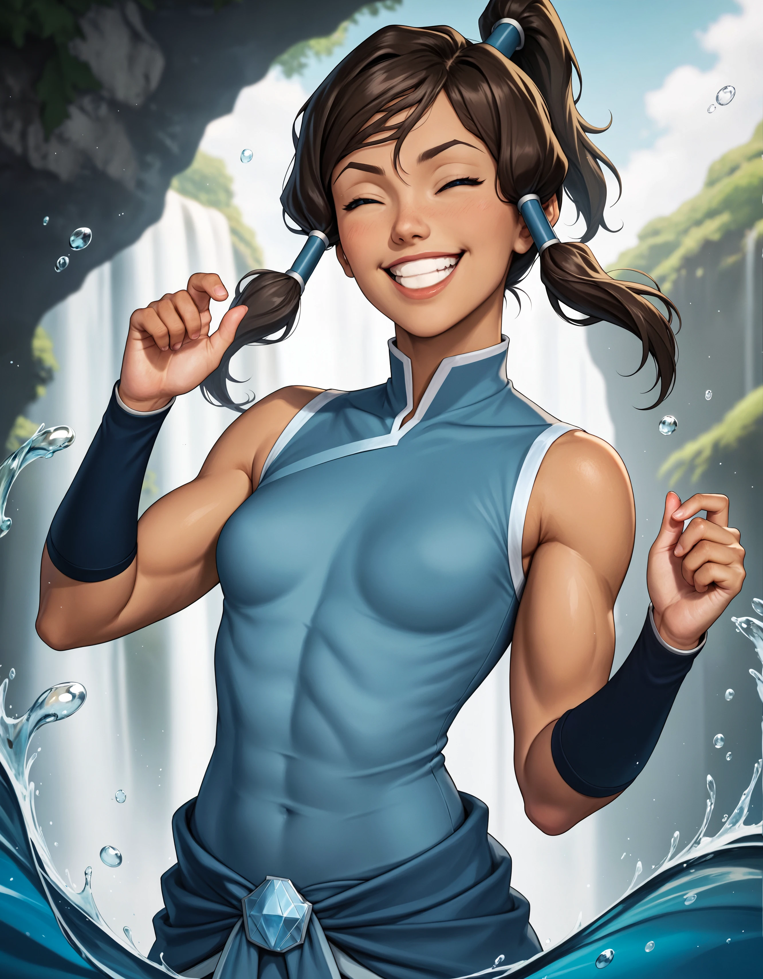score_9,score_8_up,score_7_up, masterpiece, best quality, 1girl, Korra, water bending, fully clothed, laughing, grin, small breasts, hourglass figure, blue eyes