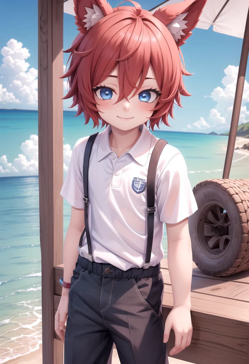 <lora:Aki SD15_epoch_17:0.6>, (1boy:1.3), solo, beach, smile, ( crimson animal ears:1.4), male face, male body, more details in eyes, (very short hair:1.2), hair between eyes, cute, adorable boy, cute face, detailed face, handsome, young, juvenile, white skin, eyeshadow, crew cut, crimson hair, details sky, looking at viewer, blush, blue eyes, full shot, red suspenders, (pants), (white polo shirt), aki,petite, (male focus:1.3),(male:1.2), 
(masterpiece:1.2), best quality, high resolution, unity 8k wallpaper, (illustration:0.8), (beautiful detailed eyes:1.6), extremely detailed face, perfect lighting, extremely detailed CG, (perfect anatomy),