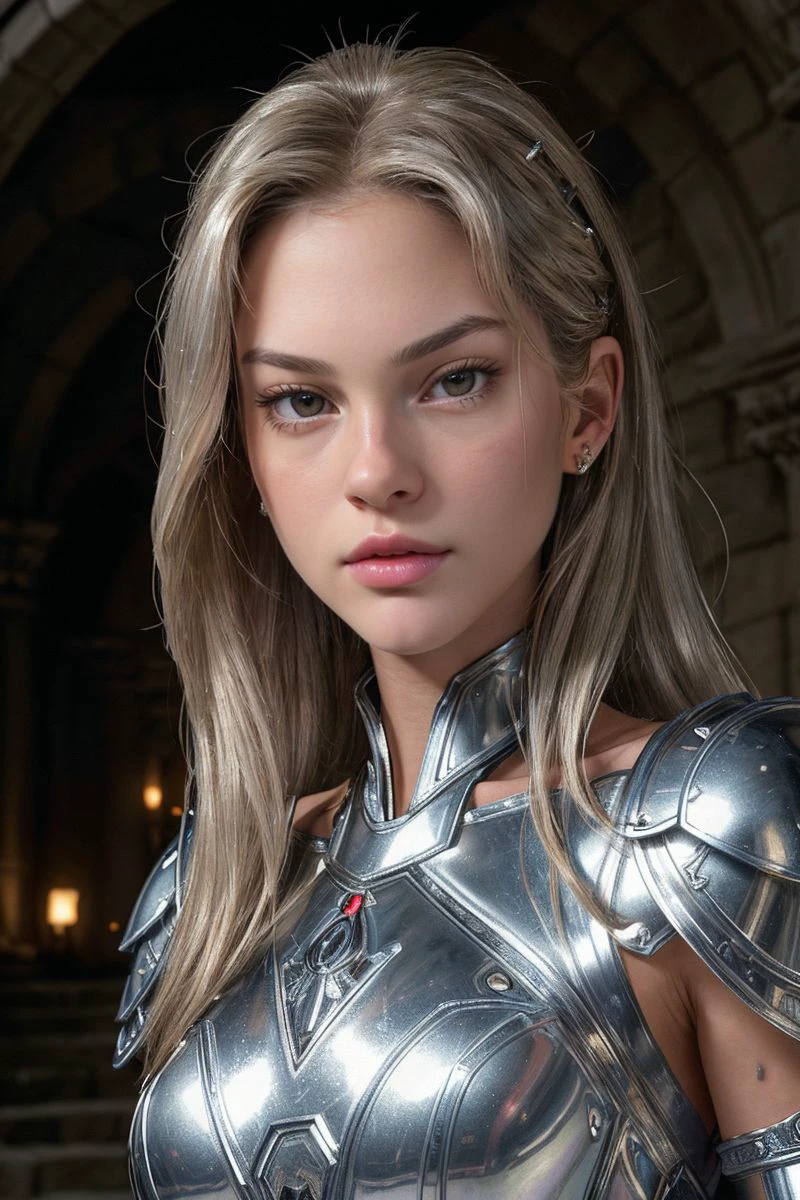 headshot of S384_GiuliaSeabra,a stylish woman,in a (castle-basement:1.1),wearing (silver-armor:1.1),(4k, RAW photo, best quality, 50mm, depth of field, ultra high res:1.1),(intricate, photorealistic, cinematic-shot, masterpiece, ultra-detailed:1.1),