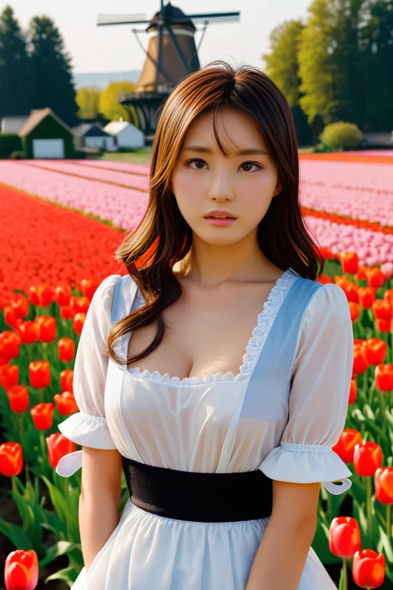 cinematic photo of (masterpiece,best quality,ultra high res:1.1),(photo-realistic:1.1),nature_light,sidelight,
1girl,18yo,155cm height,japan av model,
<lora:cmxg_XL:1>,caimeixunguo,
front,
Tulip Fields in the background,the dutch windmill,housemaid,streaming tears,, 35mm photograph, film, bokeh, professional, 4k, highly detailed