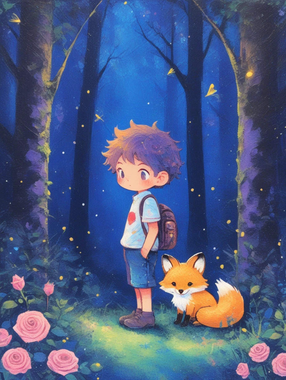 Acute boy with a fox,in the forest,surrounded by fireflies and roses,<lora:J_oil_pastels:0.8>,j_fantasy,