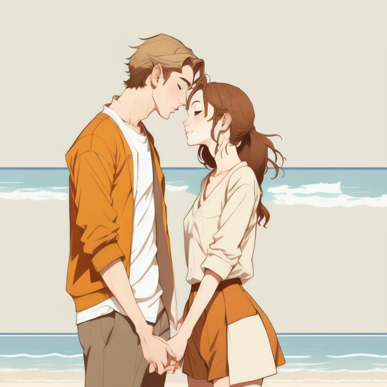 swwinf style, warm colors,neutral color palette,warm color palette,clean lines, manga style,minimalistic style, clear complexion,a young man and a young woman,kissing, on the beach