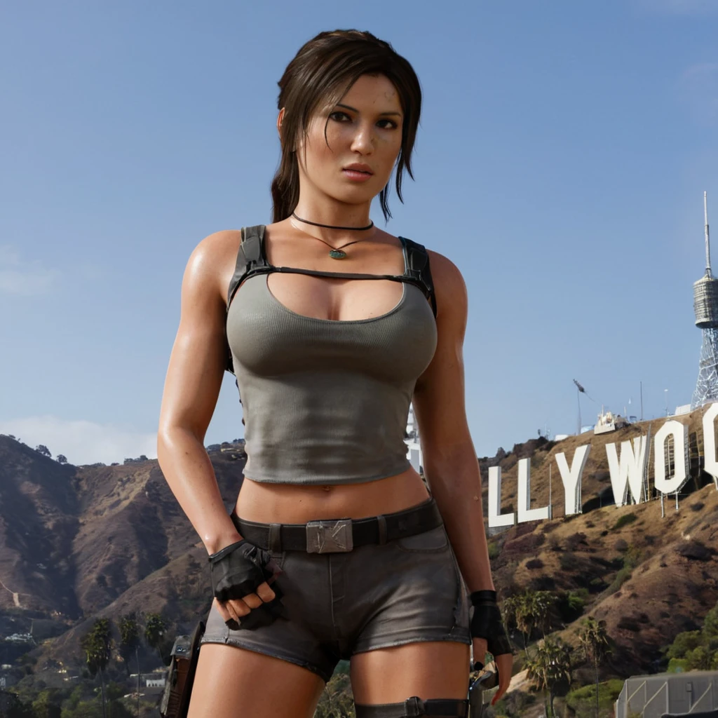 Lara Croft in front of the Hollywood sign