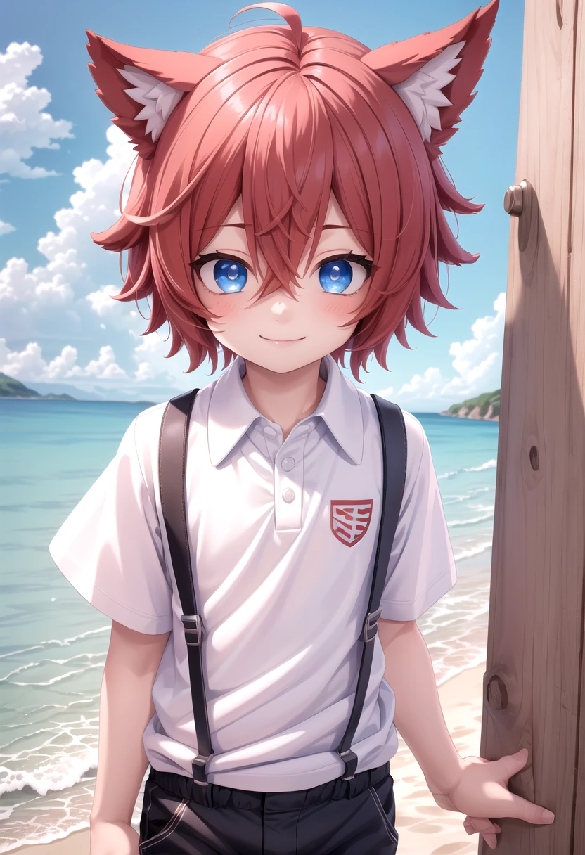 <lora:Aki SD15_epoch_17:0.6>, (1boy:1.3), solo, beach, smile, ( crimson animal ears:1.4), male face, male body, more details in eyes, (very short hair:1.2), hair between eyes, cute, adorable boy, cute face, detailed face, handsome, young, juvenile, white skin, eyeshadow, crew cut, crimson hair, details sky, looking at viewer, blush, blue eyes, full shot, red suspenders, (pants), (white polo shirt), aki,petite, (male focus:1.3),(male:1.2), 
(masterpiece:1.2), best quality, high resolution, unity 8k wallpaper, (illustration:0.8), (beautiful detailed eyes:1.6), extremely detailed face, perfect lighting, extremely detailed CG, (perfect anatomy),