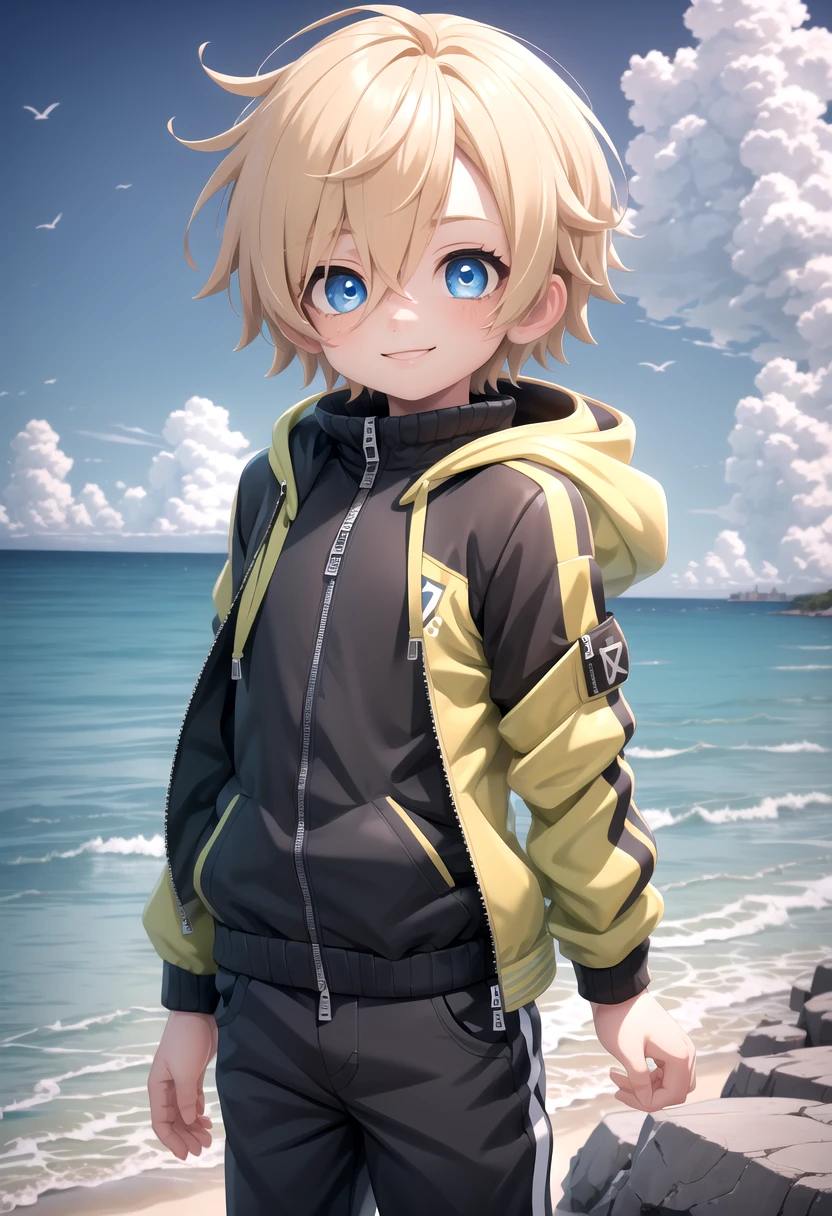 <lora:sota sd15_epoch_17:0.6>,sota, solo,looking at viewer,short hair,bangs,blue eyes,blonde hair,long sleeves,(1boy:1.3),hair between eyes,standing,wide rashguard jacket,(male focus:1.3),cowboy shot,outdoors,sky,day,pants,cloud,hood,water,blue sky,ocean,beach,black pants,hood down,child,multicolored clothes,zipper,horizon,(male child:1.2),wall,multicolored jacket,two-tone jacket , (masterpiece:1.2), best quality, high resolution, unity 8k wallpaper, (illustration:0.8), (beautiful detailed eyes:1.6), extremely detailed face, perfect lighting, extremely detailed CG, smile,
The soft lighting and detailed surroundings create an immersive environment where imagination runs wild hyper-detailed,hyper-detailed face, high quality visuals, dim Lighting, sharply focused, octane render, 8k UHD,
 GS-Boyish