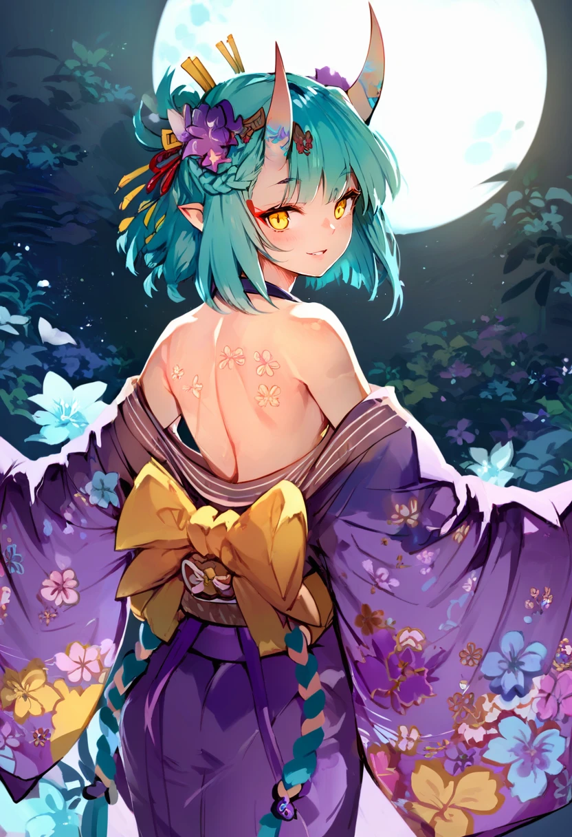 score_9, score_8_up, score_7_up, score_6_up, <lora:anmiXL_P6_lokr_V3236:0.95> 1girl, solo, japanese clothes, horns, kimono, pointy ears, yellow eyes, hair ornament, looking back, looking at viewer, from behind, hair flower, flower, bare shoulders, floral print, purple kimono, tattoo, back tattoo, parted lips, off shoulder, full moon, short hair, back, blue hair, moon, smile, oni, rope, print kimono, wide sleeves, braid, shoulder blades