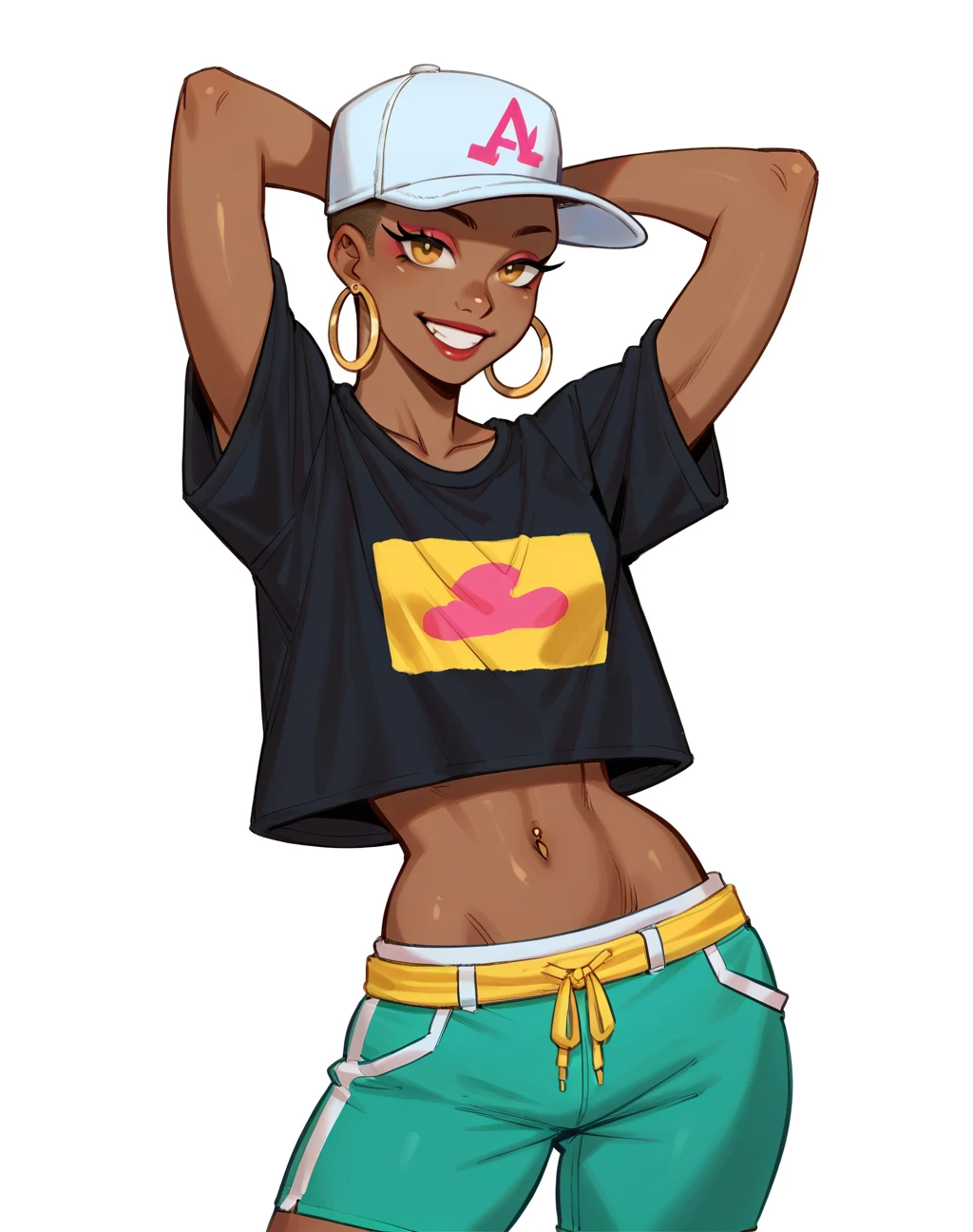 score_9, score_8_up, score_7_up, score_6_up, score_5_up, score_4_up, BREAK ,cowboy shot,1girl,solo,smile,digital painting,dark skinned female,
edg90hh, woman wearing hip hop outfits ,wearing edg90hh_clothing,arms behind head
 <lora:edg90sHIPHOPPony:0.75>