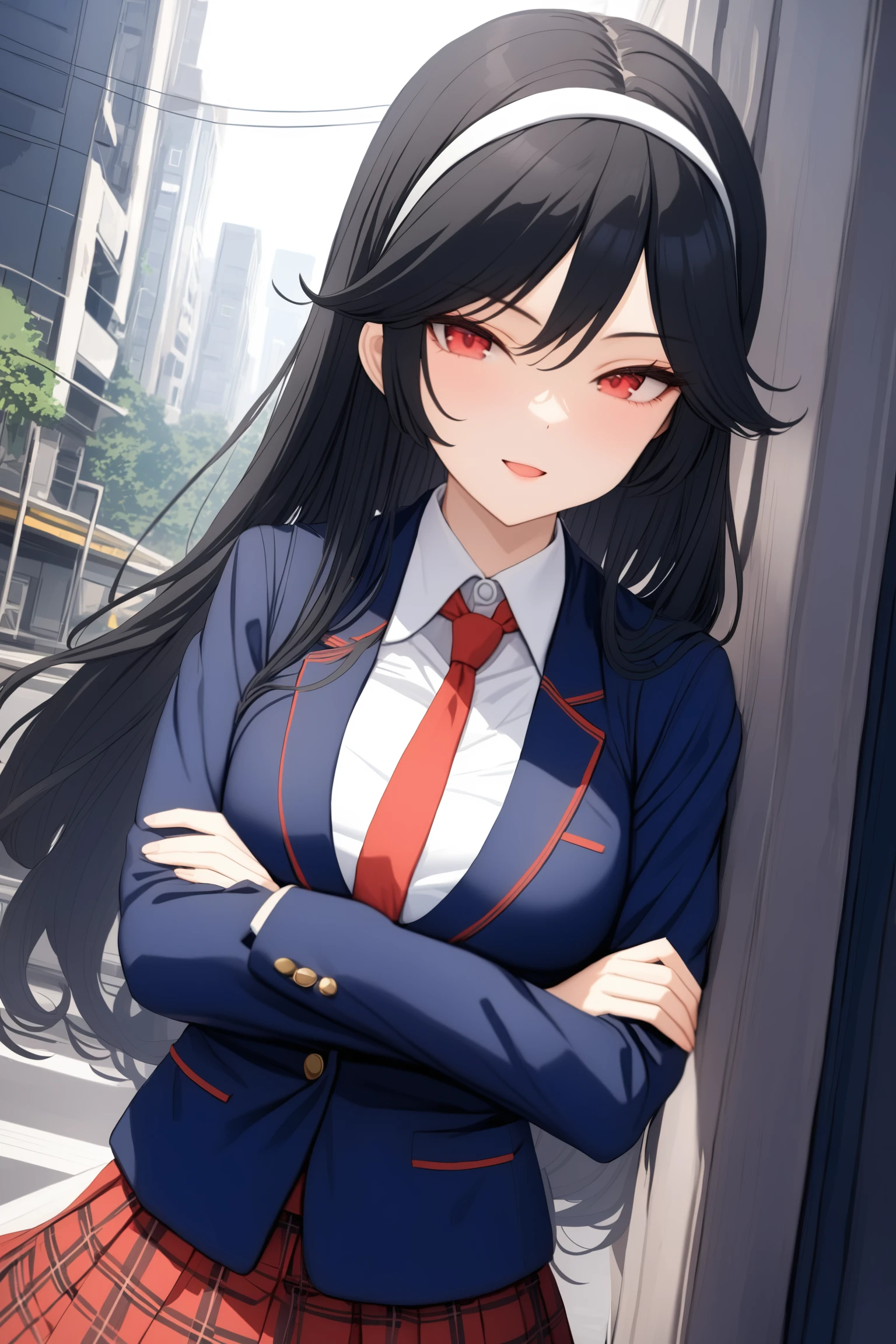 (masterpiece, best quality, very aesthetic, ultra detailed), intricate details, kunishiromiyabi, solo, outdoors, city, black hair, white hairband, very long hair, red eyes, medium breasts, blue jacket, blazer, red necktie, white shirt, crossed arms, red skirt, plaid skirt, black pantyhose, school uniform, smile, open mouth, :d, pink lips, <lora:Kunishiro-Miyabi:0.7>