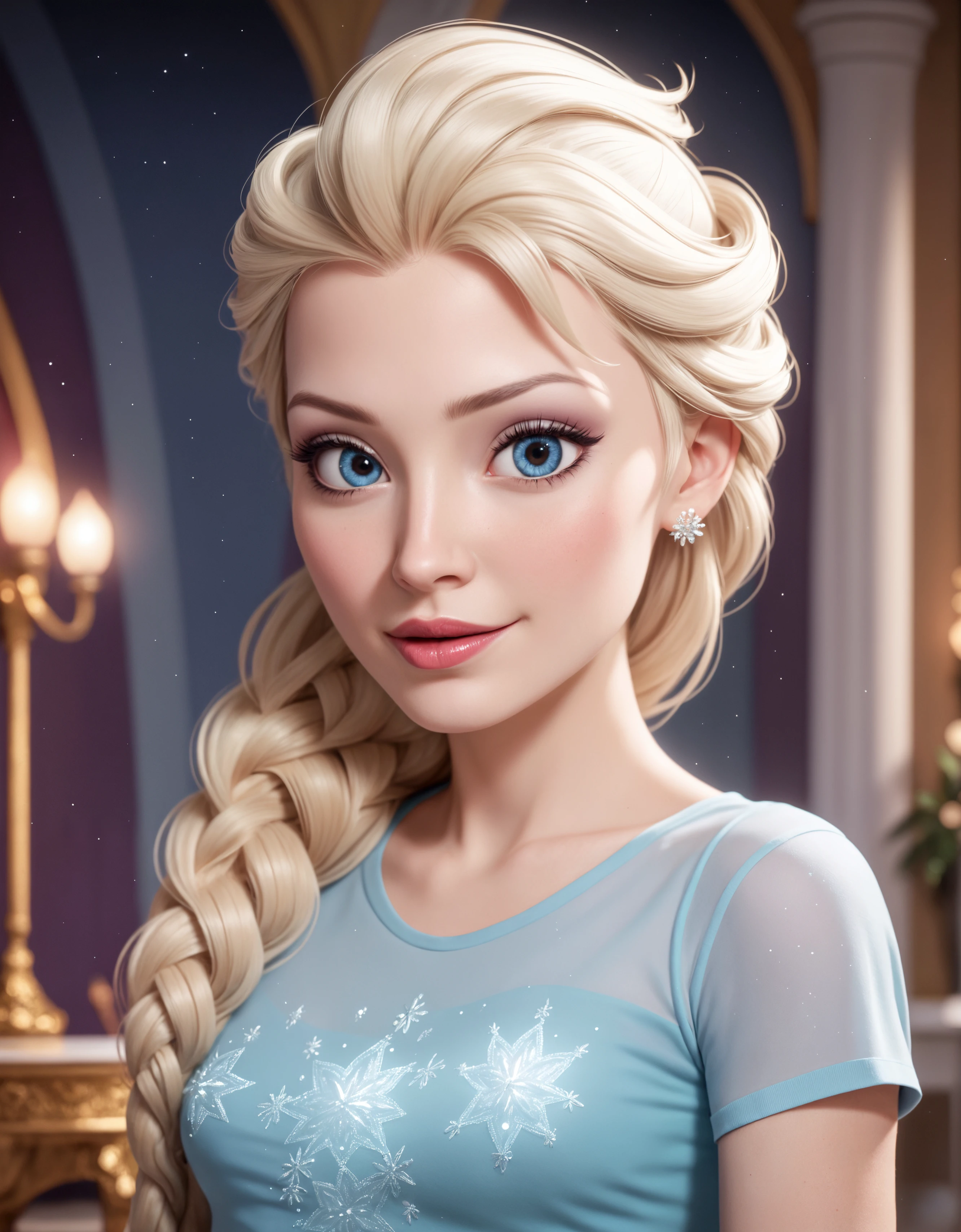 score_9, score_8_up, score_7_up, Elsa, modest, 1girl, wearing cute t-shirt, looking at viewer, small breasts, luxurious palace gardens and peacocks roaming at background, amazing, beautiful, breathtaking, astonishing, brilliant, incredible,