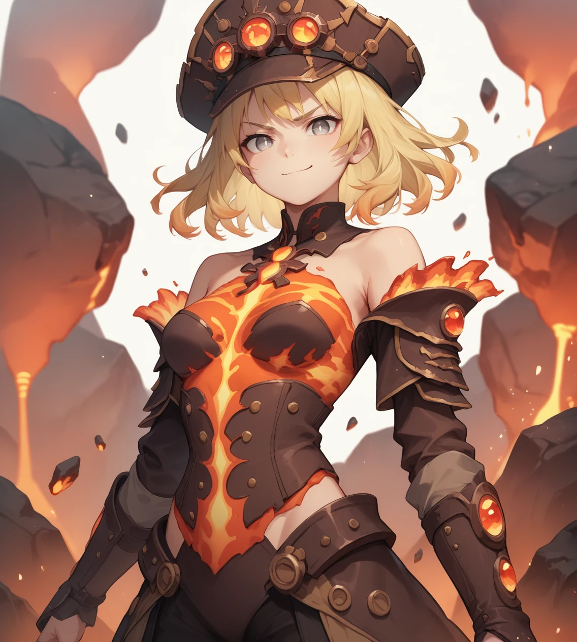 score_9,score_8_up,score_7_up,score_6_up,source anime,1girl,solo,standing,off shoulder,armor,long sleeves,steampunk,hat,medium breasts,gradient hair,blonde hair,red tips,medium hair,grey eyes,white pupils,smirk,cowboy shot,bangs,closed mouth,medium breasts,(thick eyebrows:0.6),white background, 
magma, lava, glowing, molten rock,
 <lora:magma_12_lbw_2:1.2>