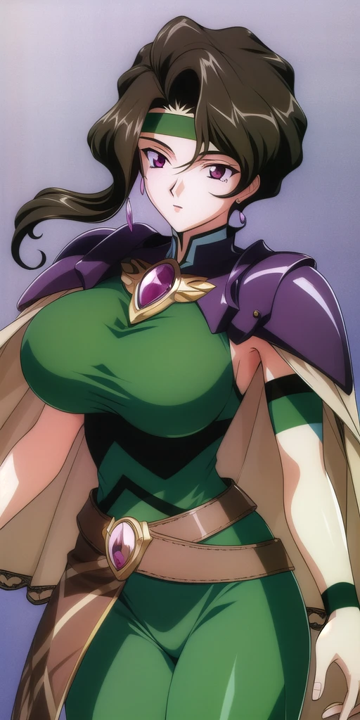 <lora:Afura_MannV8:0.7> afura_mann, huge_breasts, standing, solo, green_sleeveless_bodysuit_brown_capelet_pauldrons_green_headband_wristband_arm_strap_gem_belt, masterpiece, best_quality, detailed_face, detailed_eyes, highres, beautiful, detailed, absurdres,