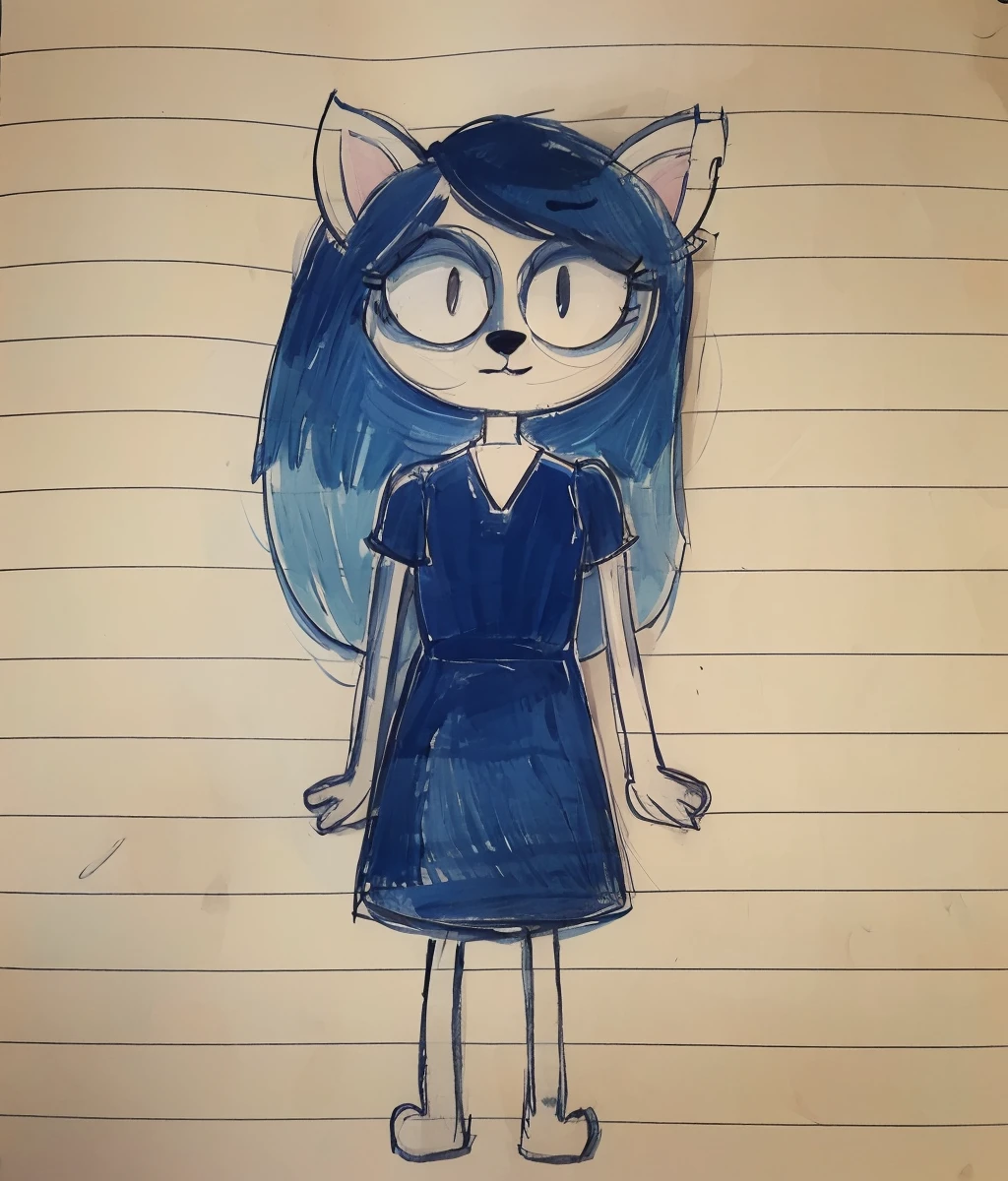 1girl,solo, drawing,stick figure,paper texture,exercise book,cartoonized,graffiti,<lora:Style_Graffiti_v1:0.8>,claire,furry,blue hair,collared dress,looking at viewer,<lora:Role_claire_v1.1:1>,