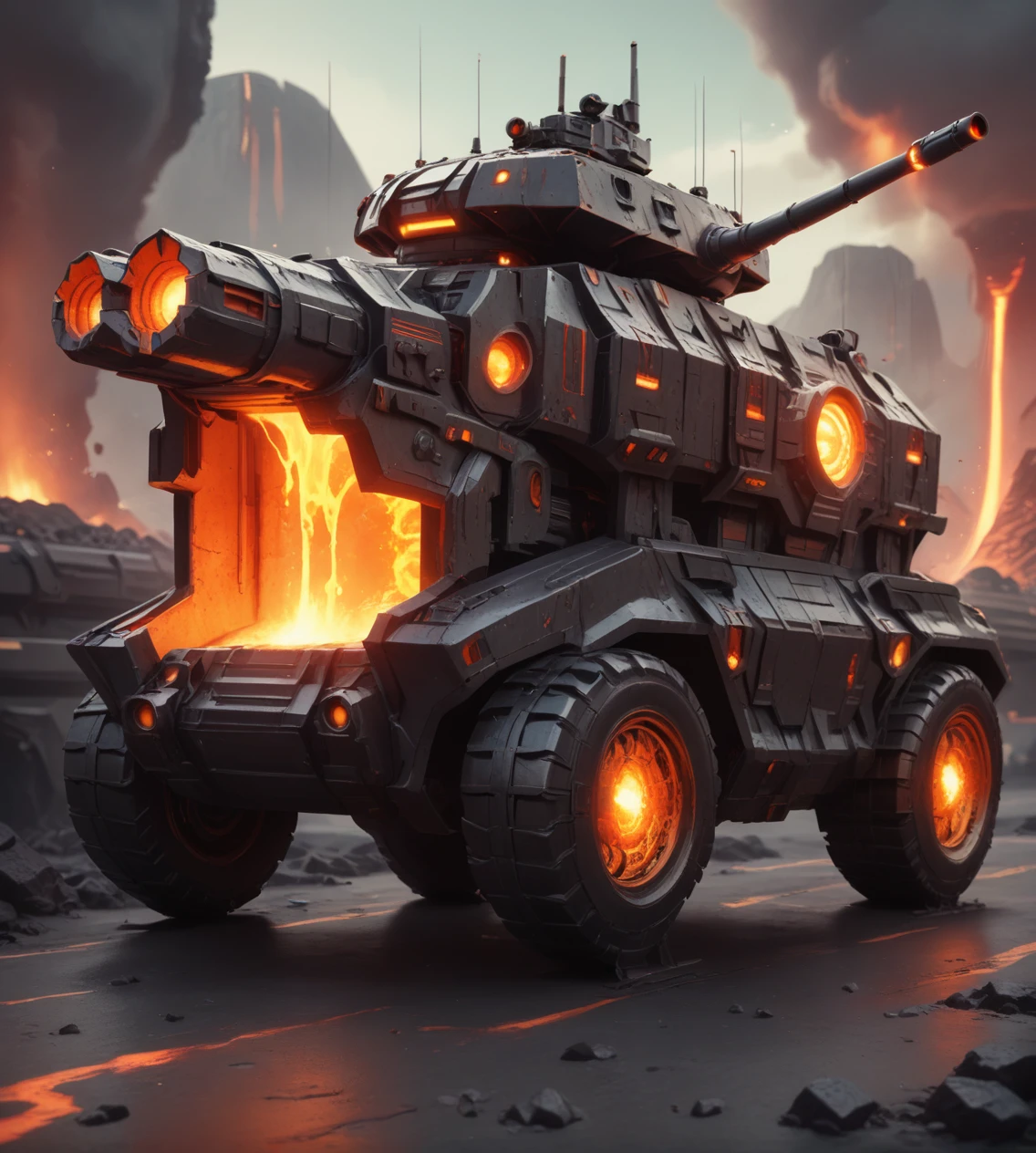 score_9,score_8_up,score_7_up,score_6_up,source anime BREAK,
no humans, vehicle, military vehicle, cannon, cyberpunk, science fiction, futuristic,
magma, lava, glowing, molten rock,
<lora:magma_12_lbw_2:1.5>