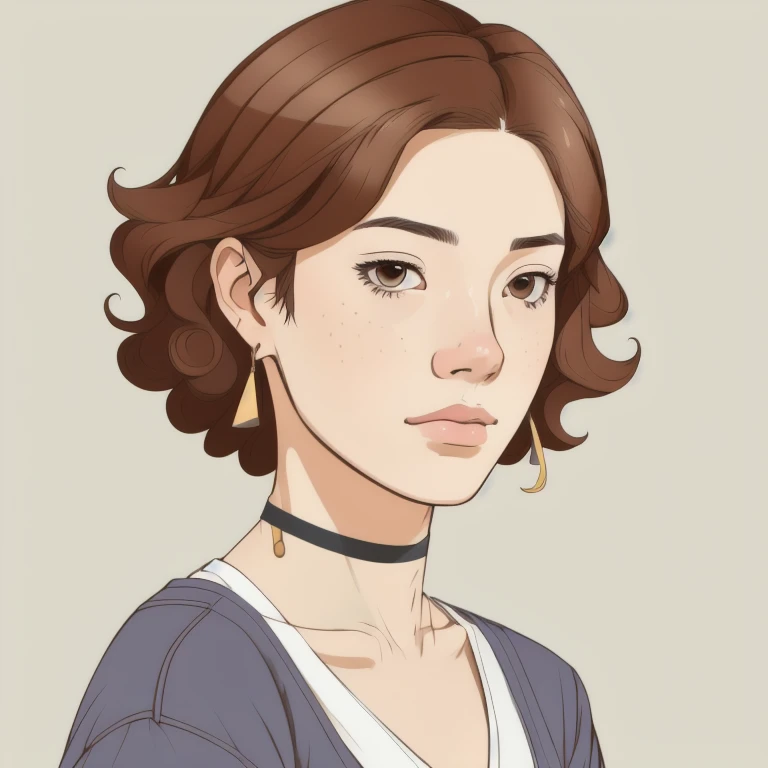 swwinf style, warm colors,neutral color palette,warm color palette,clean lines, manga style,minimalistic style, clear complexion,a young woman,25-year-old,brown_skin,red_curly_hair and short hair,brown_eyes,(freckles:0.8),wearing a blue_shirt,<lora:Dunyarzad:0.8>,Furrowed brow, downturned corners of the mouth, lost gaze, face displaying sadness and disappointment, (close-up)