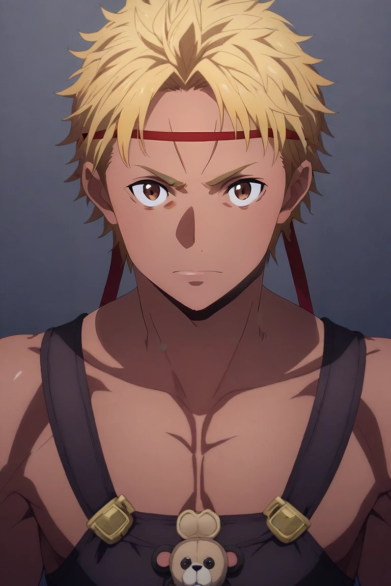 score_9, score_8_up, score_7_up, source_anime, (photorealistic:0.6), looking at viewer, , , 1boy, solo, male focus, <lora:iskhan_sao_pony:0.8>, iskhan_sao, blonde hair, brown eyes, short hair, dark skin, dark-skinned male, headband, , teddy bear costume, , , <lora:sdxl_lightning_8step_lora:1>